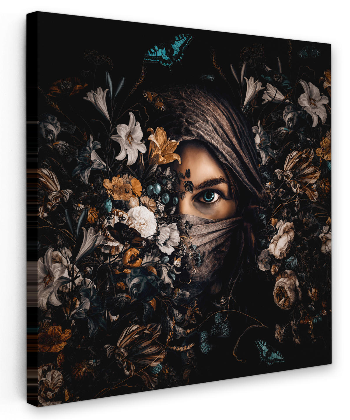 LEINWANDBILD Frau - Luxus - Blumen - Schmetterling - Porträt 20x20 cm - Schwarz, Textil (20/20cm) - MuchoWow