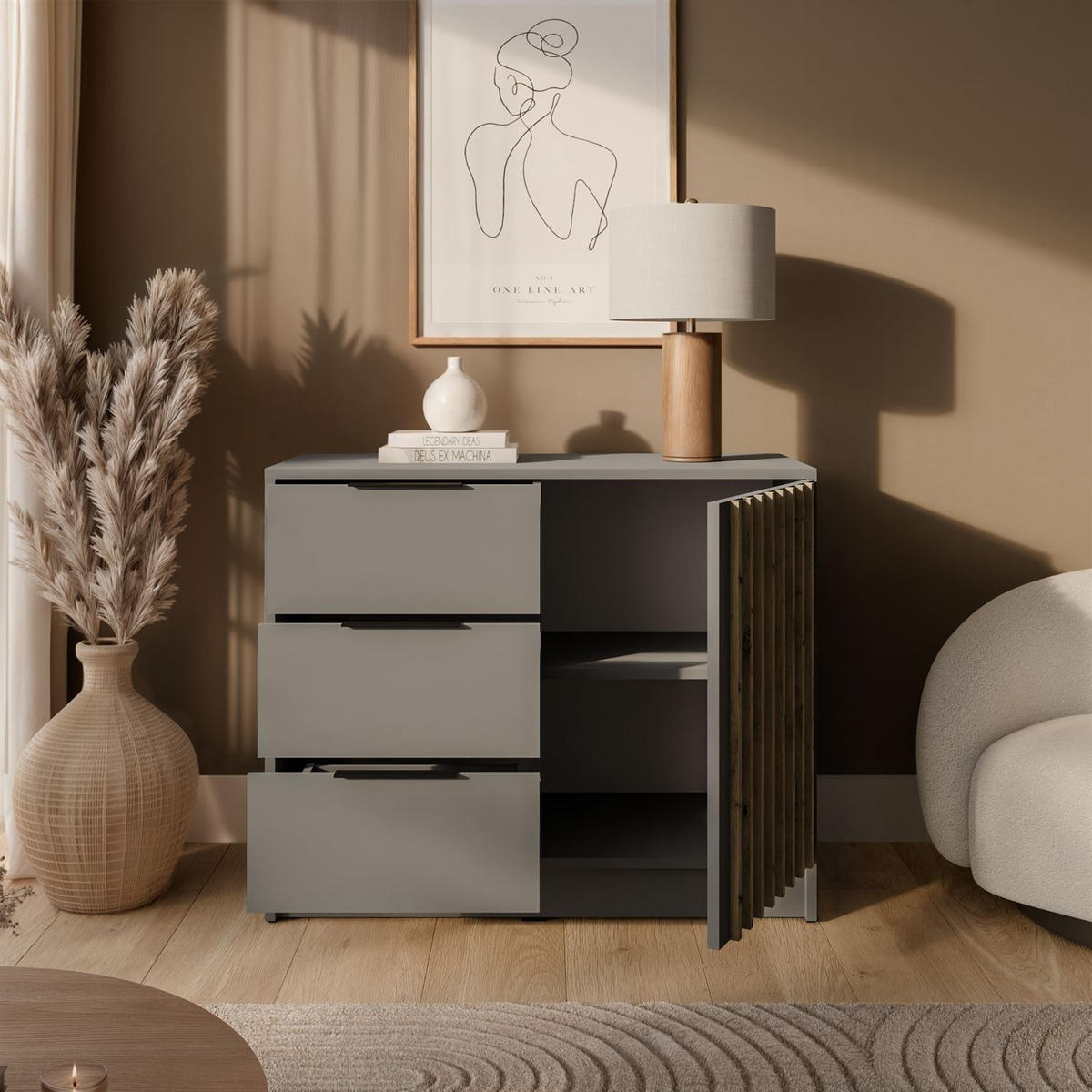 KOMMODE NELA mit Lamellen, Grau/Artisan - Grau, Holzwerkstoff (105/86/45cm) - Lookway