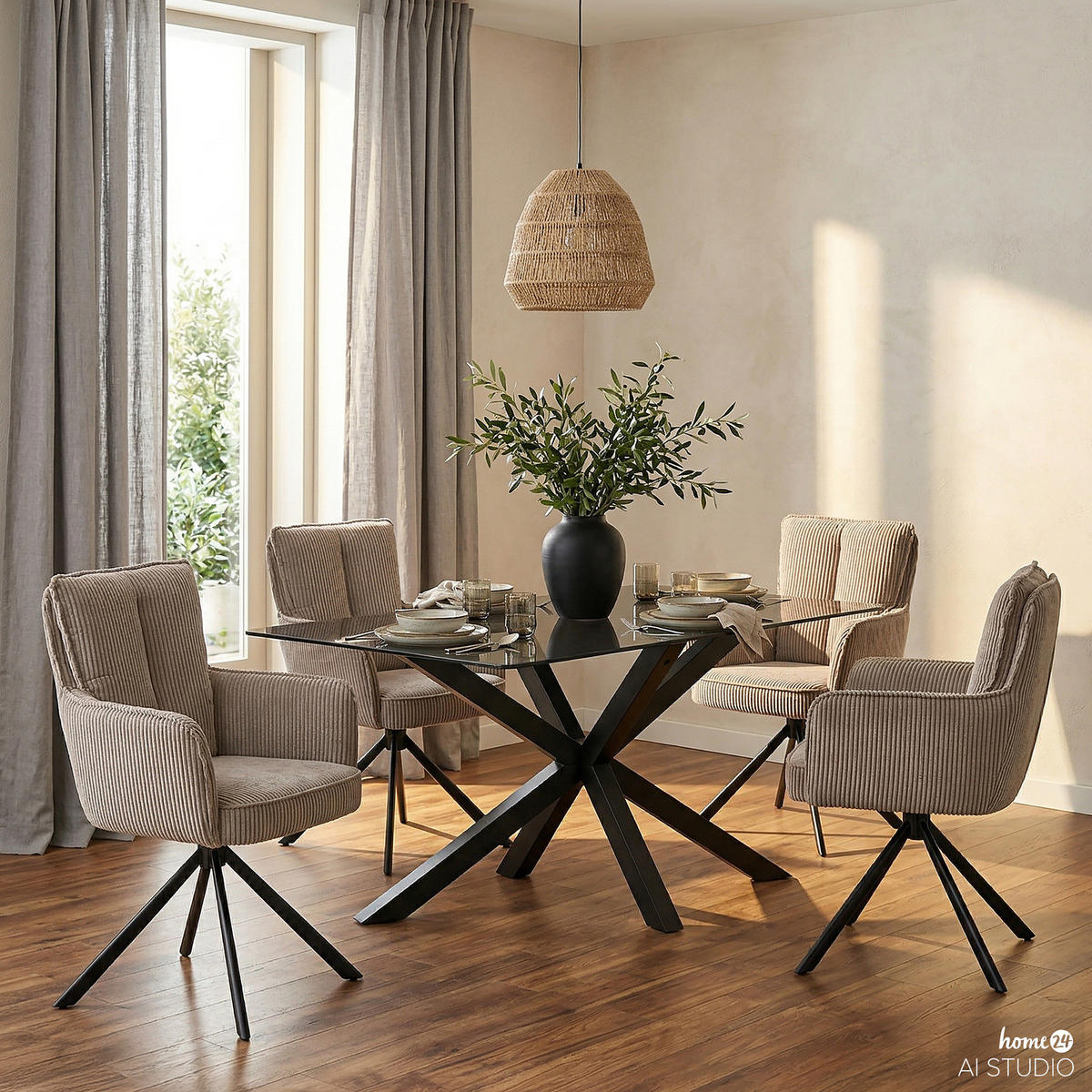 ESSTISCH - Glas / Massivholz - Eiche - Eichefarben/Schwarz, Glas/Holz (90/160/76cm) - home24