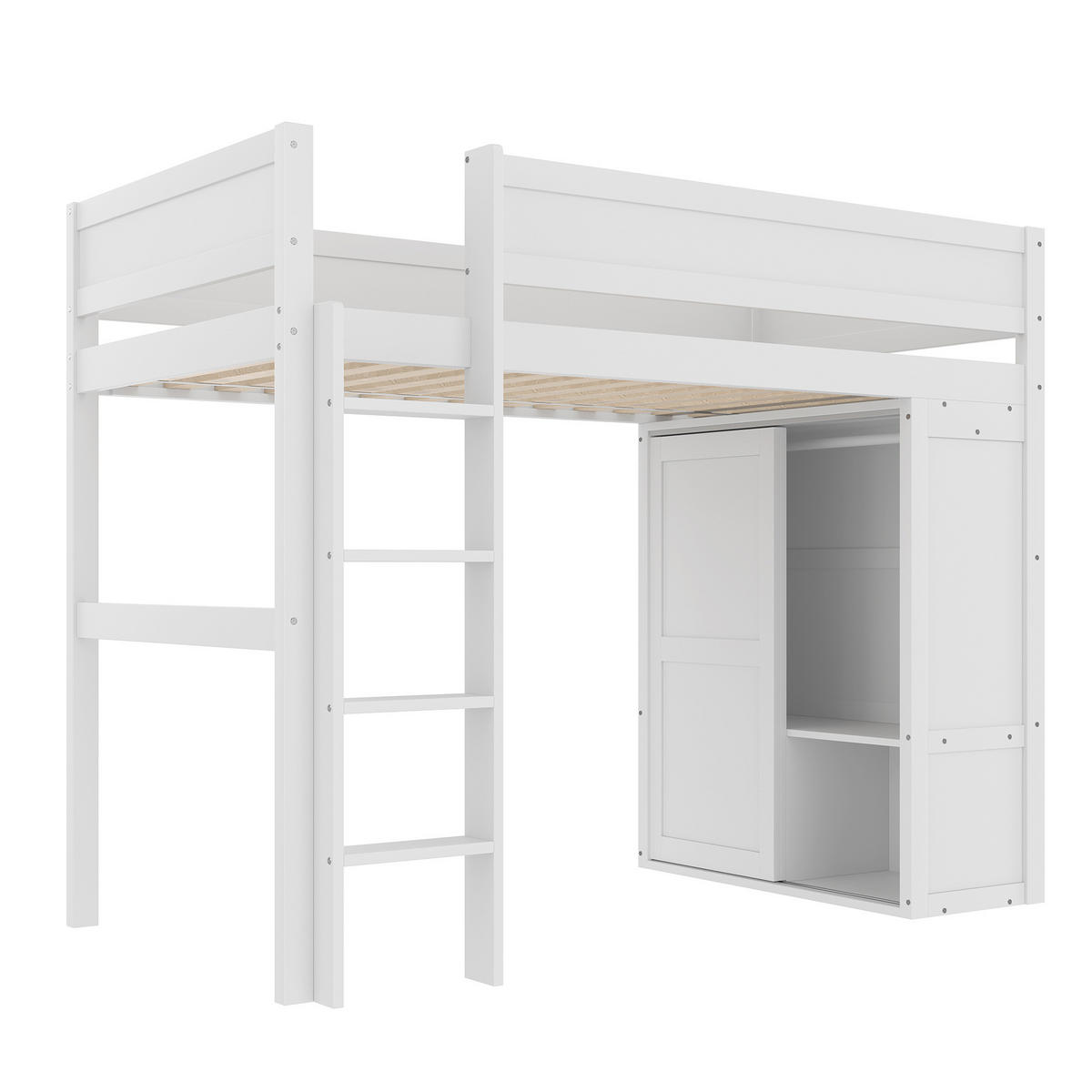 HOCHBETT aus Kiefer und MDF 90x200 cm Weiß mit Kleiderschrank, Staufach und offenem Unterbettbereich - Weiß, Holzwerkstoff (90/200cm) - Modfu