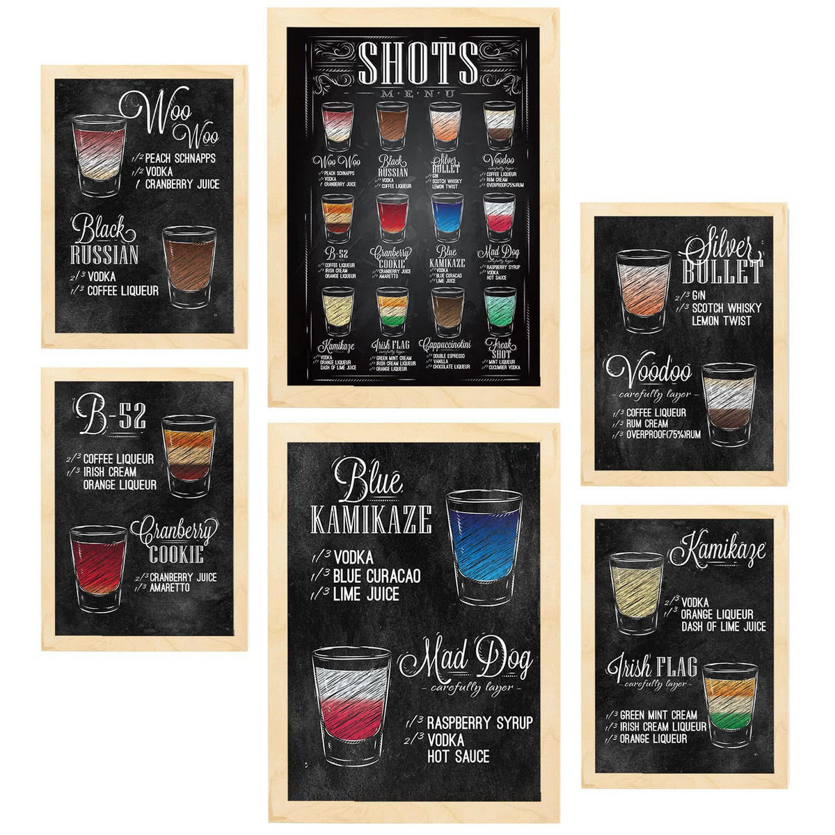 POSTER Set Mit 6 Getränke-Shot Größe A3 & A4 Rahmen aus hellem Holz - Beige, Papier (29.7/1cm) - Nacnic