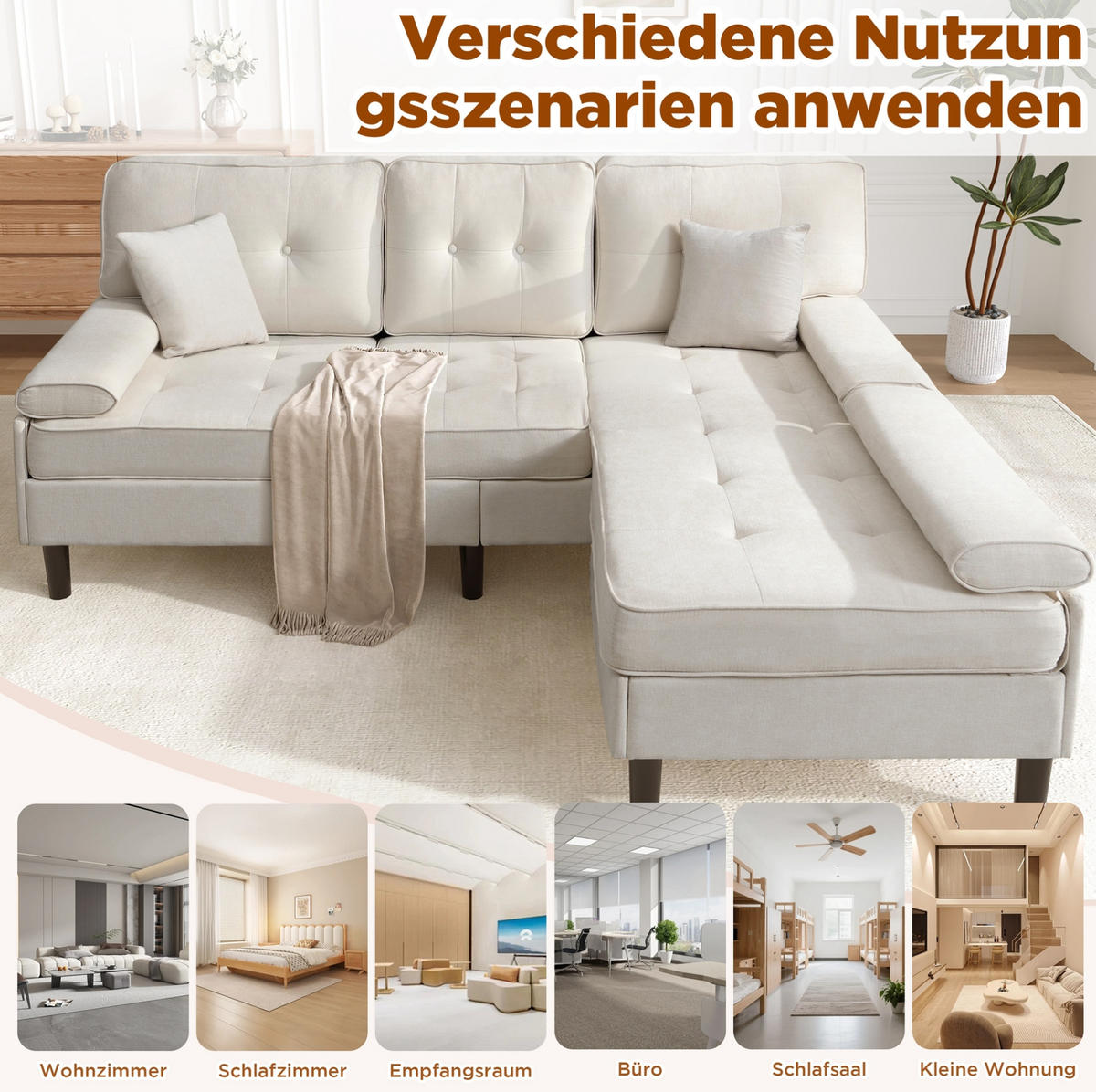 ECKSOFA Chenille mit Fußbank und modularer L-Form 195/149/86 cm Beige - Beige, Textil (149/195cm) - Redom