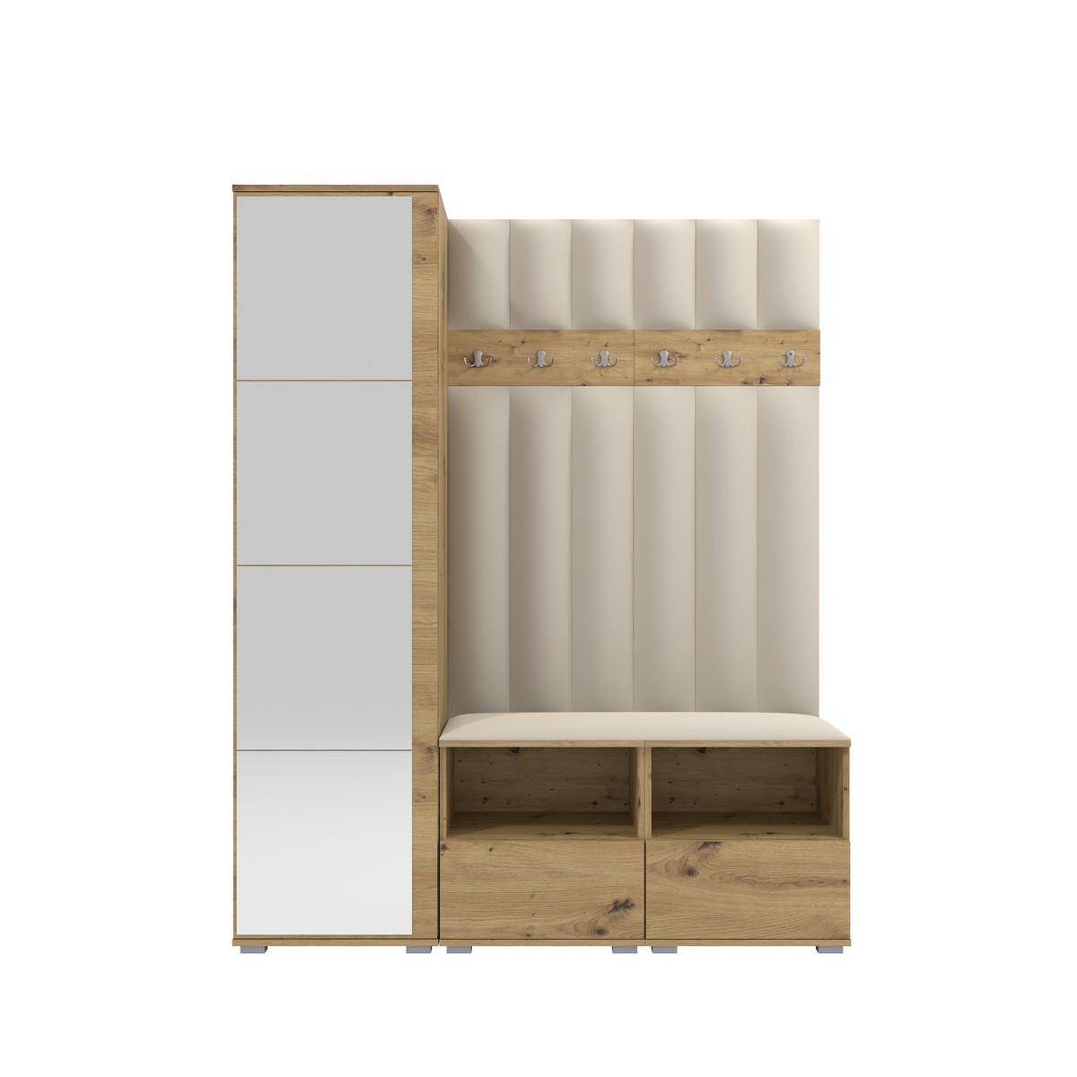 GEPOLSTERT Garderoben-Set Nela II LUX (Spiegel – Farbe Eiche Artisan + Stoff Trinity 01) - Silberfarben/Creme, Holz/Holzwerkstoff (150/187/40cm) - Ravio
