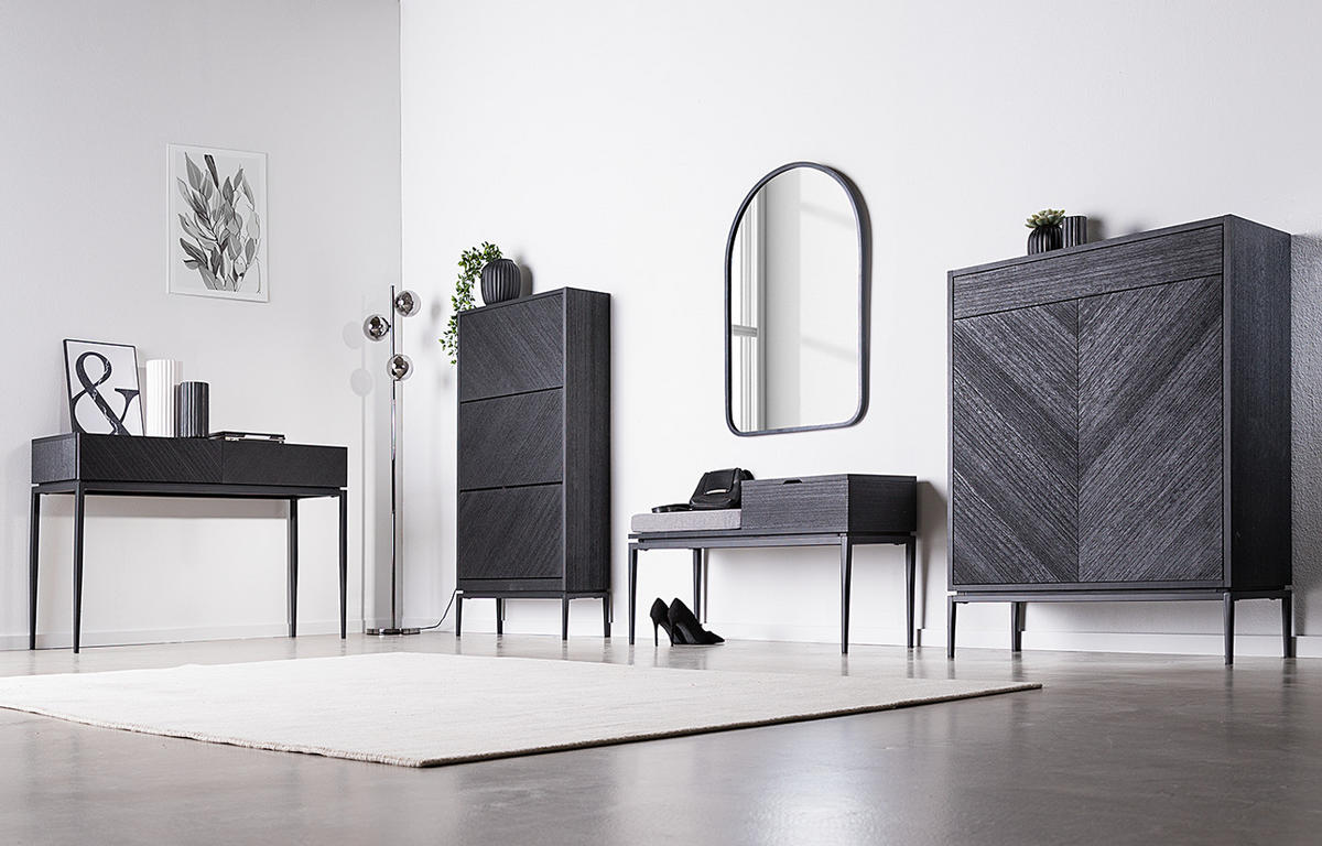 SCHUHKOMMODE - Echtholzfurnier / Eisen - Schwarz, Holzwerkstoff/Metall (85/112/36cm) - home24