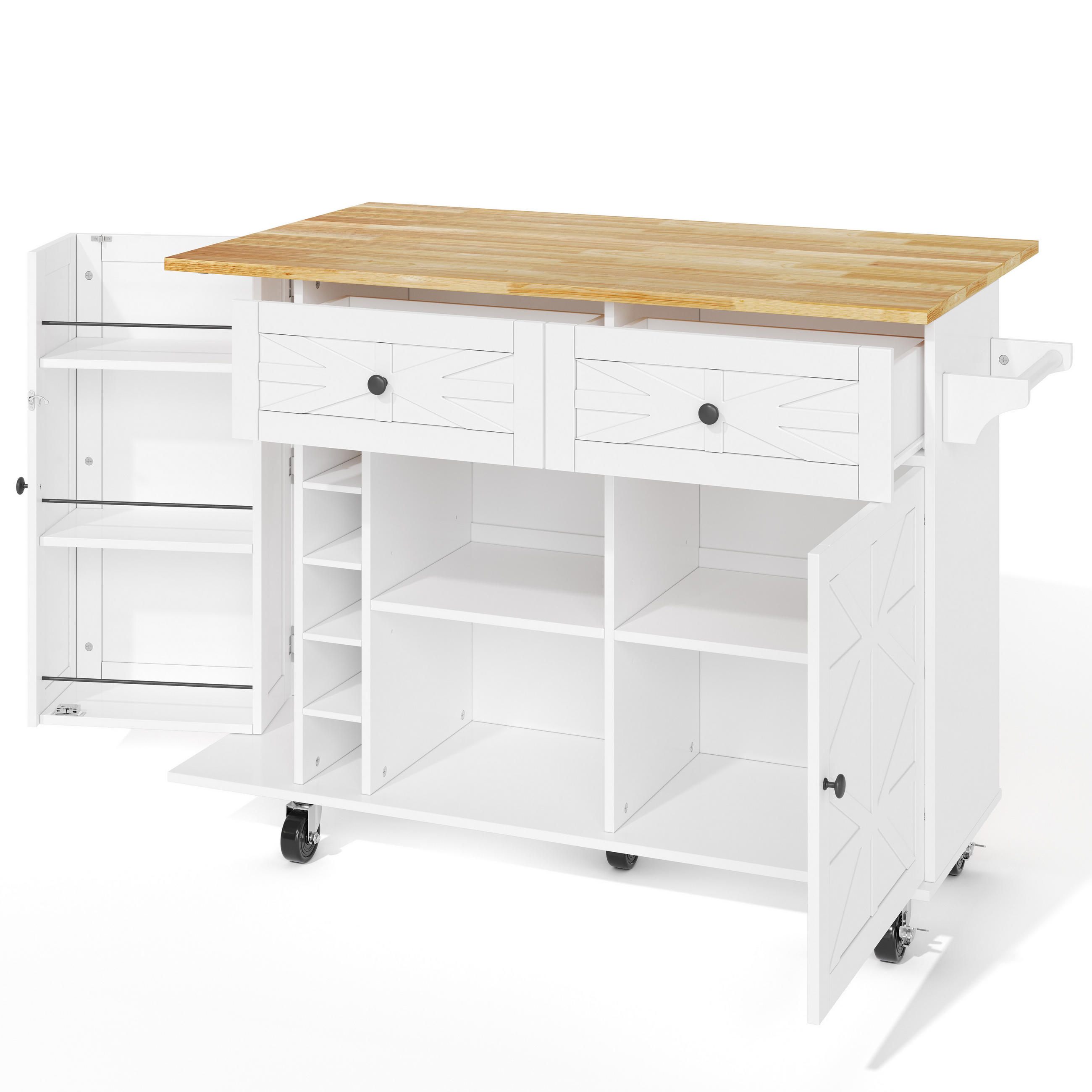 KÜCHENINSEL auf Rollen 120x70x89 cm Weiß mit klappbarer Arbeitsplatte, Weinregal, Glashalter und Türregal - Weiß, Holz/Holzwerkstoff (120/89/70cm) - Oxeza