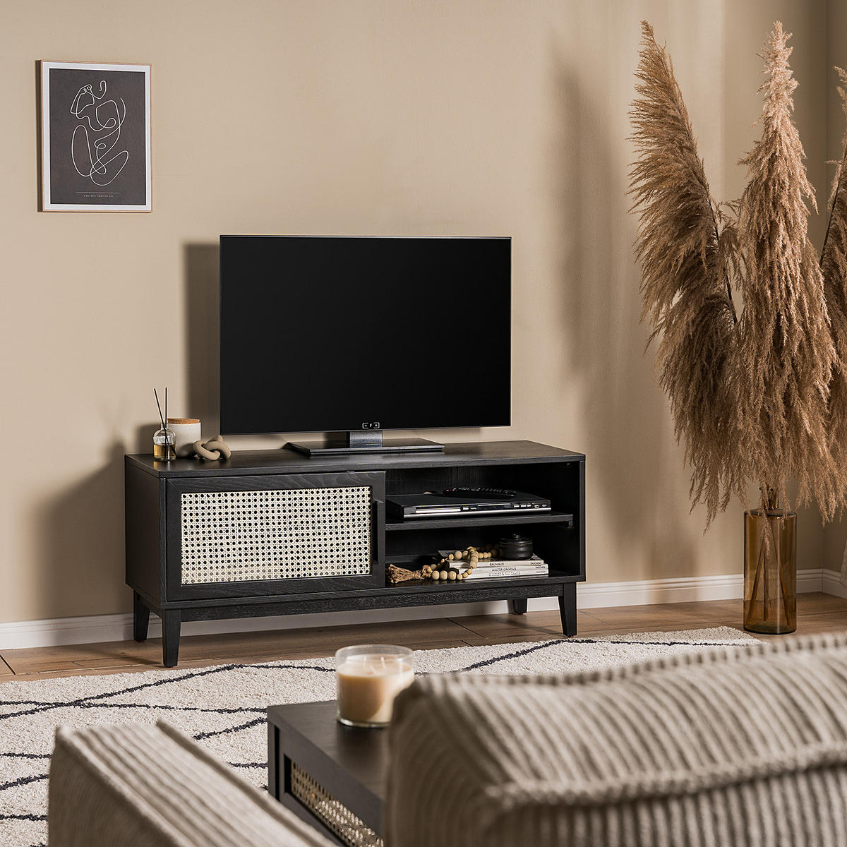 TV-LOWBOARD mit 1 Tür - Natur / Eiche Schwarz - Wiener Geflecht / Echtholzfurnier - Eichefarben/Schwarz, Eichenholz/Naturmaterialen (120/50/40cm) - home24
