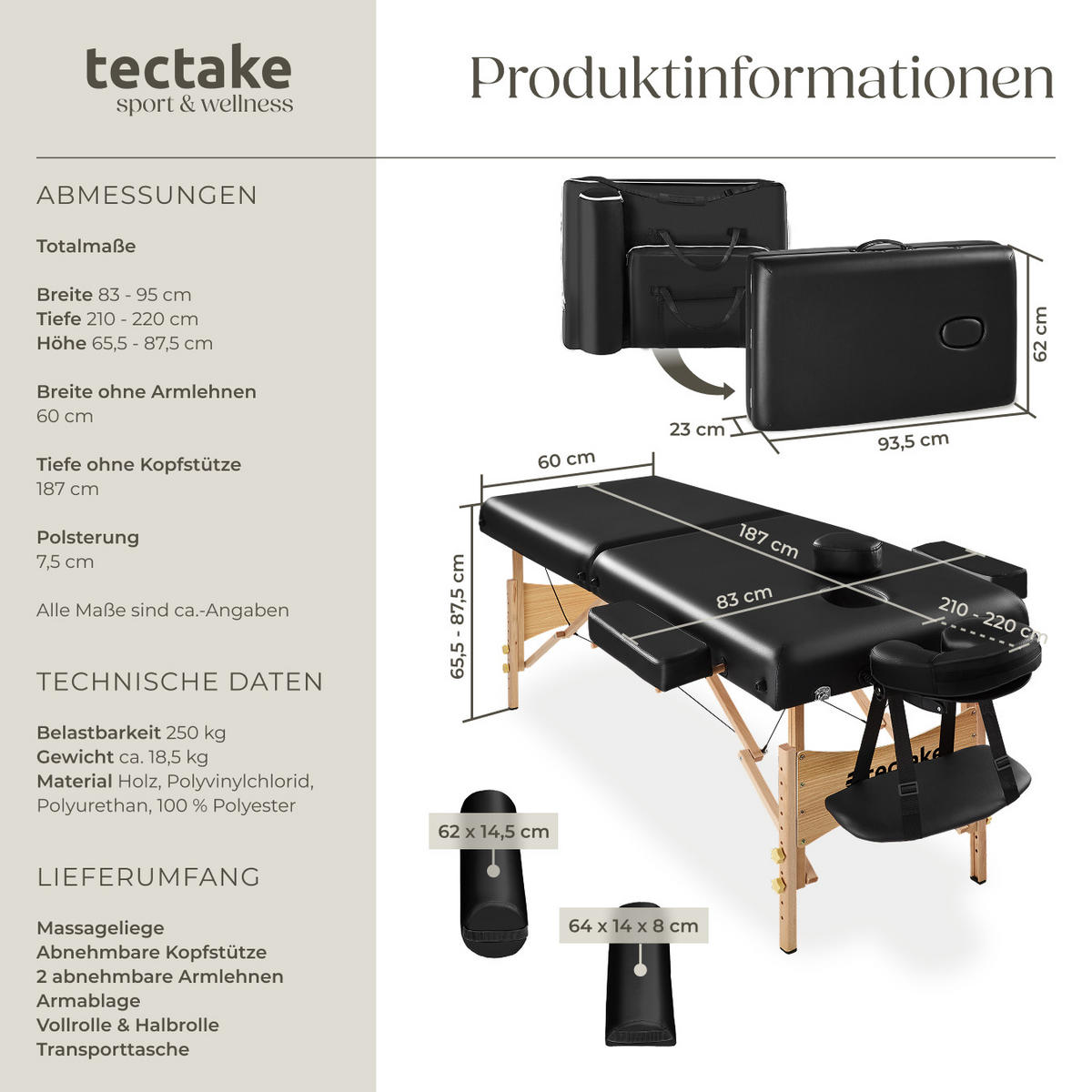 MASSAGELIEGE 2 Zonen, 220 x 83 x 87,5 cm,schwarz - Schwarz, Holz (59/65.5/187cm) - tectake