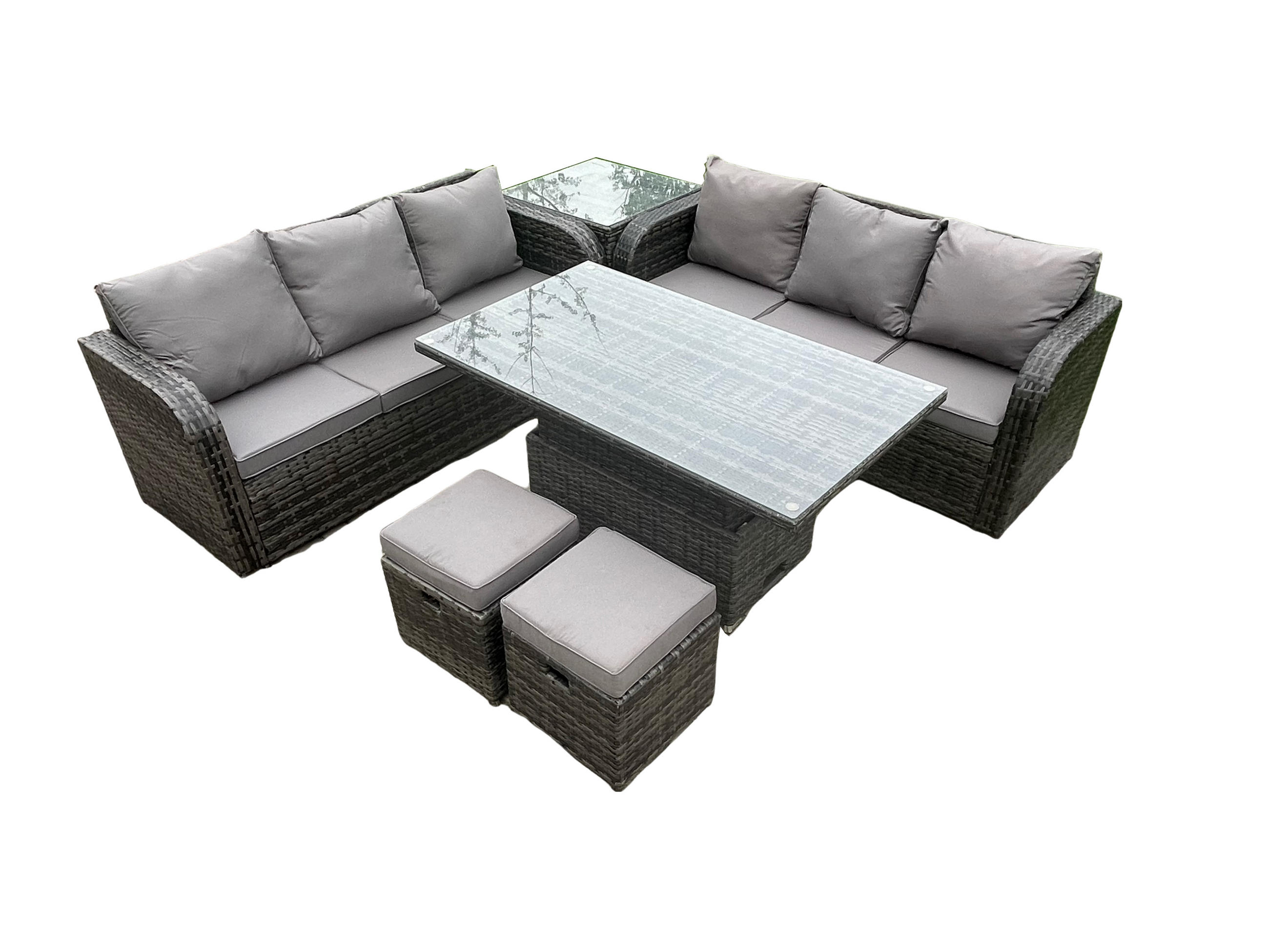 GARTENTISCHGRUPPE Polyrattan 8-Sitzer - Dunkelgrau/Grau, Glas/Kunststoff - Fimous