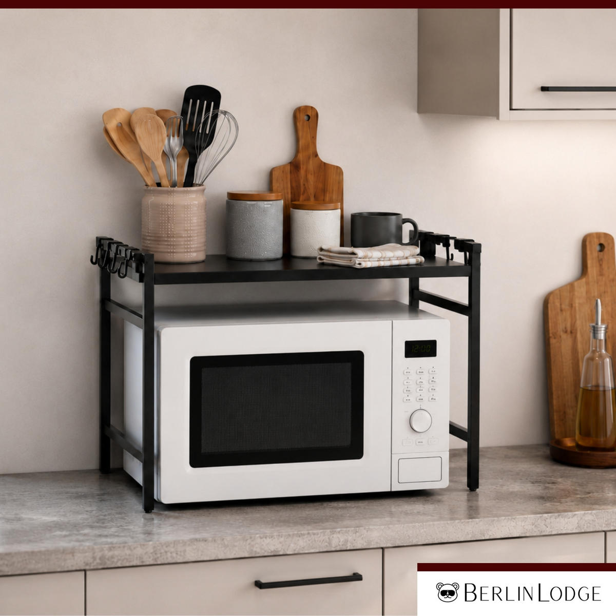 VERSTELLBARES Mikrowellenregal NEXO mit Ablagefläche 2-Stufig HxBxT 46x40-60x36 cm Ausziehbar zwischen 40-60cm Metall Schwarz - Schwarz, Metall (60/46/36cm) - BERLINLODGE