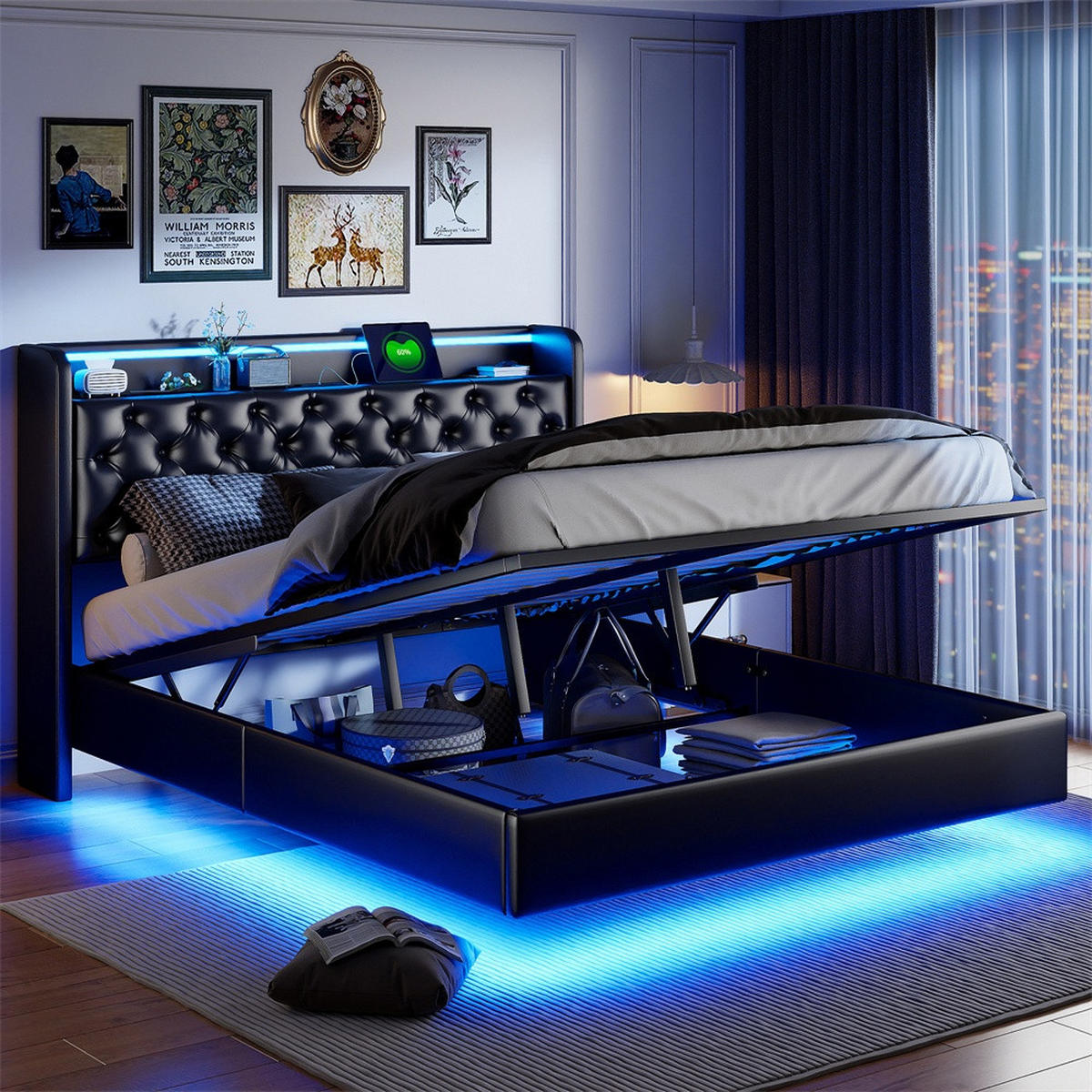 POLSTERBETT 140x200 cm mit LED-Beleuchtung - USB-Anschluss - Kopfteil-Stauraum und hydraulischem Stauraum - Schwarz - Schwarz, Textil (140/200cm) - DELFA