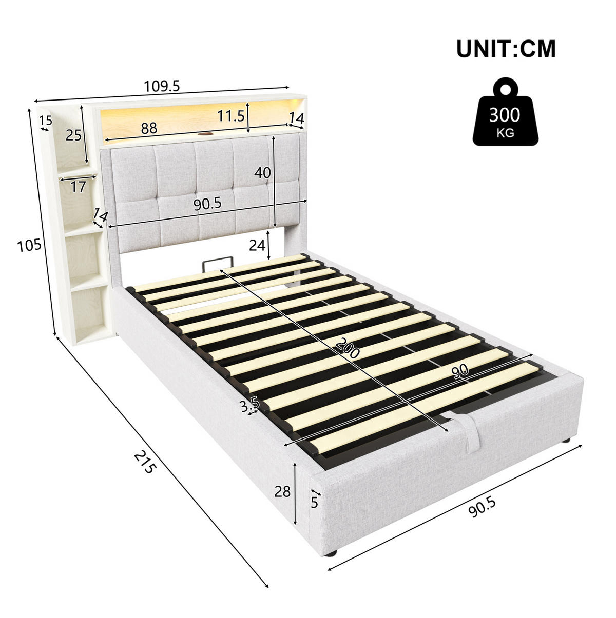 POLSTERBETT mit Stauraum, USB und LED 90x200 cm Leinen Beige - Beige, Metall (90/200cm) - Meubliv