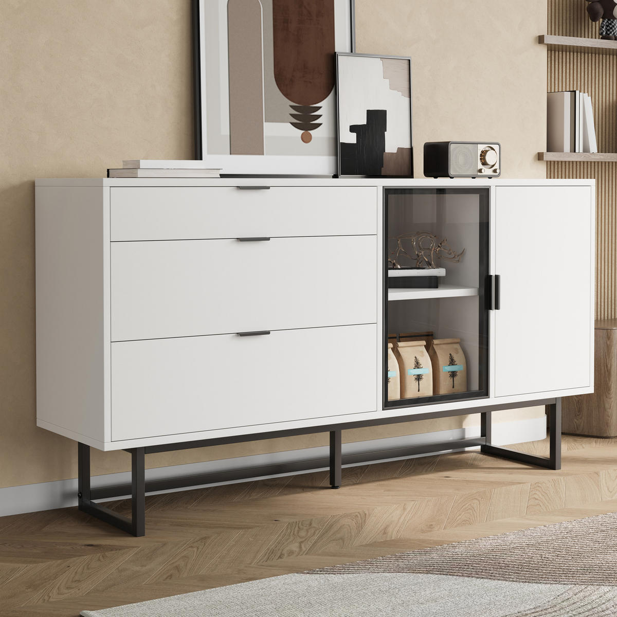 SIDEBOARD Weiß Glas Türen 3 Schubladen LED - Weiß, Holz (160/78/36cm) - LEBENLANG