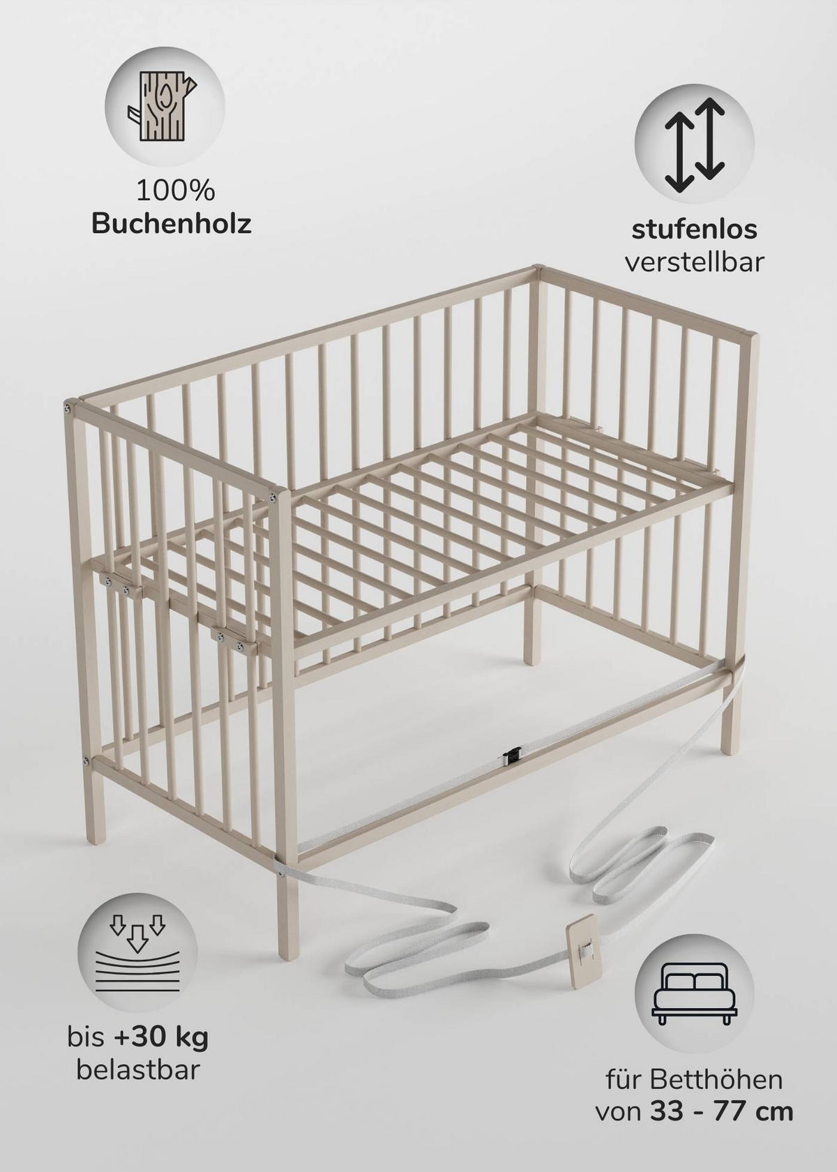 BEISTELLBETT mit Rollen und Umbauseite - sahara dust - Dreamy 4 in 1 Bett - Sandfarben, Holz (120/90/60cm) - Sämann – make a difference.