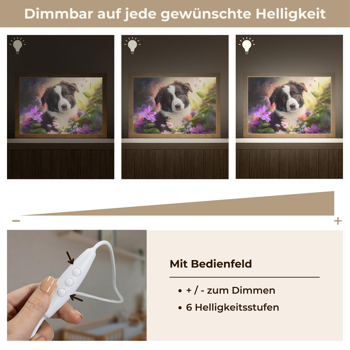 NACHTTISCHLAMPE Welpe - Sonne - Blumen - Natur - Border Collie - Hund 30x20 cm - Violett, Holzwerkstoff (8/30/20cm)