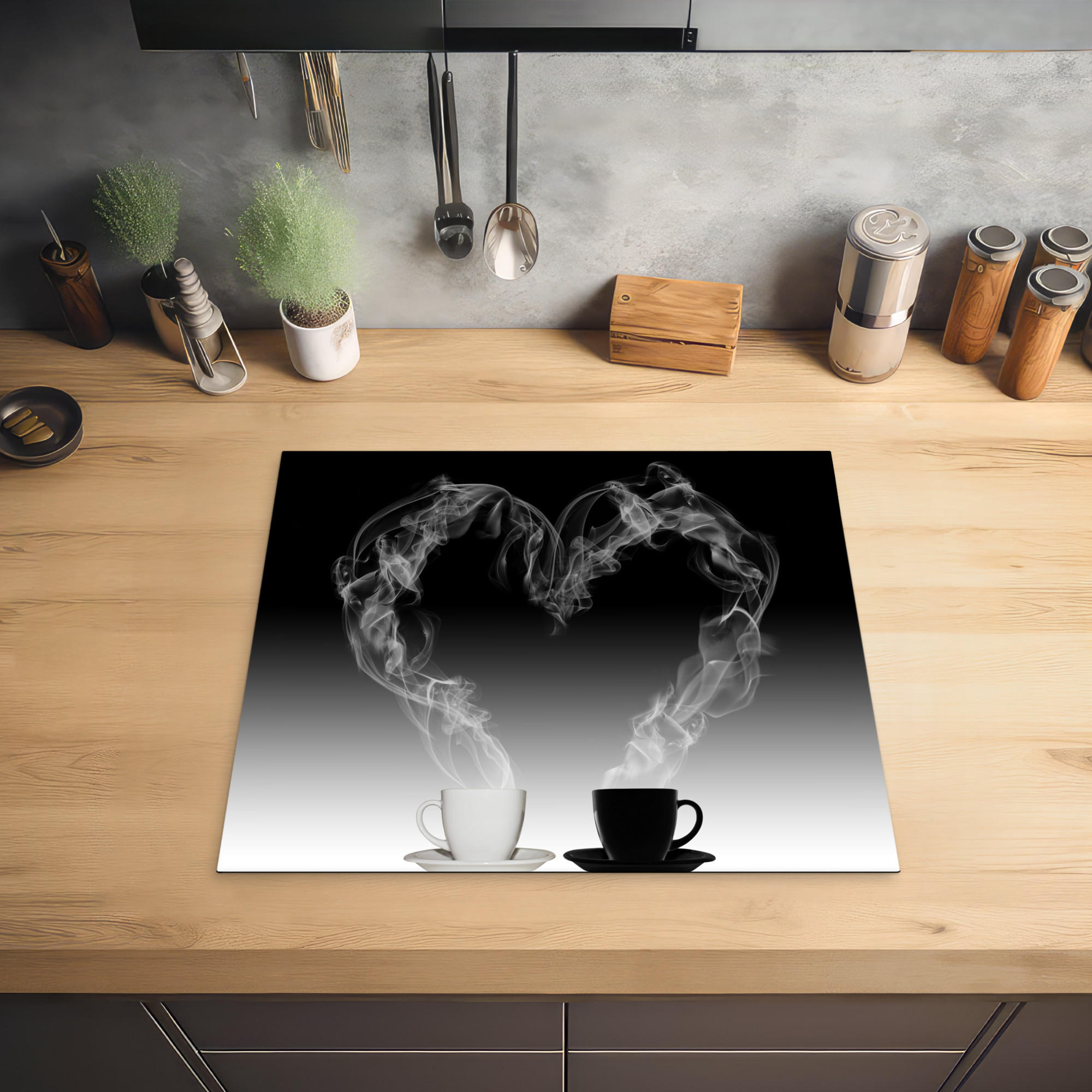 HERDABDECKPLATTE Kaffee - Herz - Schwarz und weiß - Tassen 58x51 cm - Weiß, Kunststoff (58.3/0.2/51.3cm) - MuchoWow