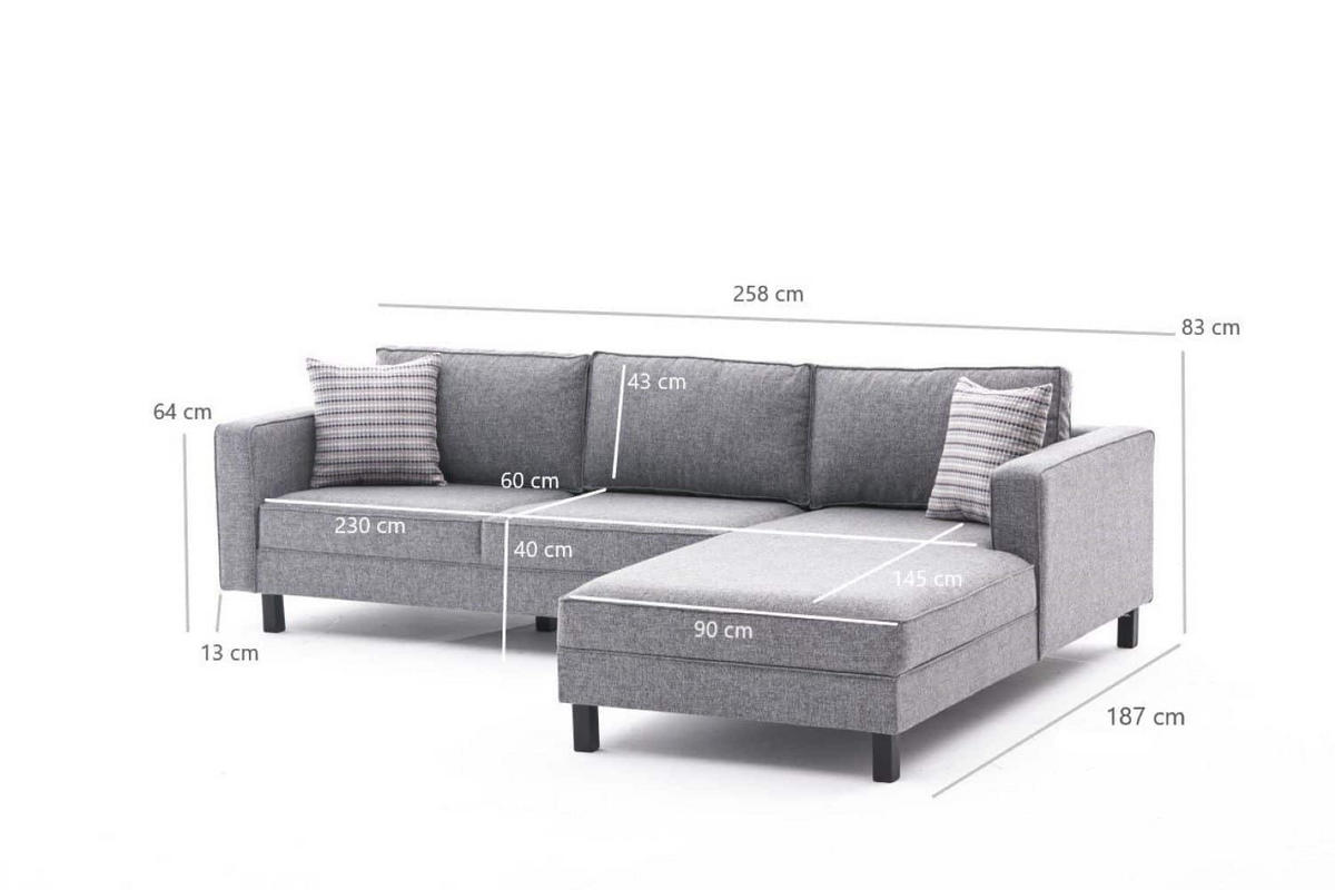 ECKSOFA mit elegantem Leinen-Bezug - Schwarz/Grau, Buchenholz/Textil (187/258cm) - myHomelando
