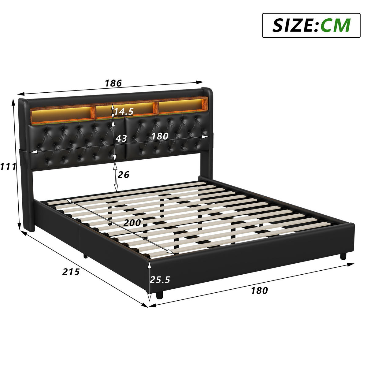 POLSTERBETT 180x200 cm, Großer Bett-Stauraum, LED-Leuchten & USB-Typ-C-Anschlüsse, PU-Leder in Schwarz - Schwarz, Holz (180/200cm) - BRILVERDE
