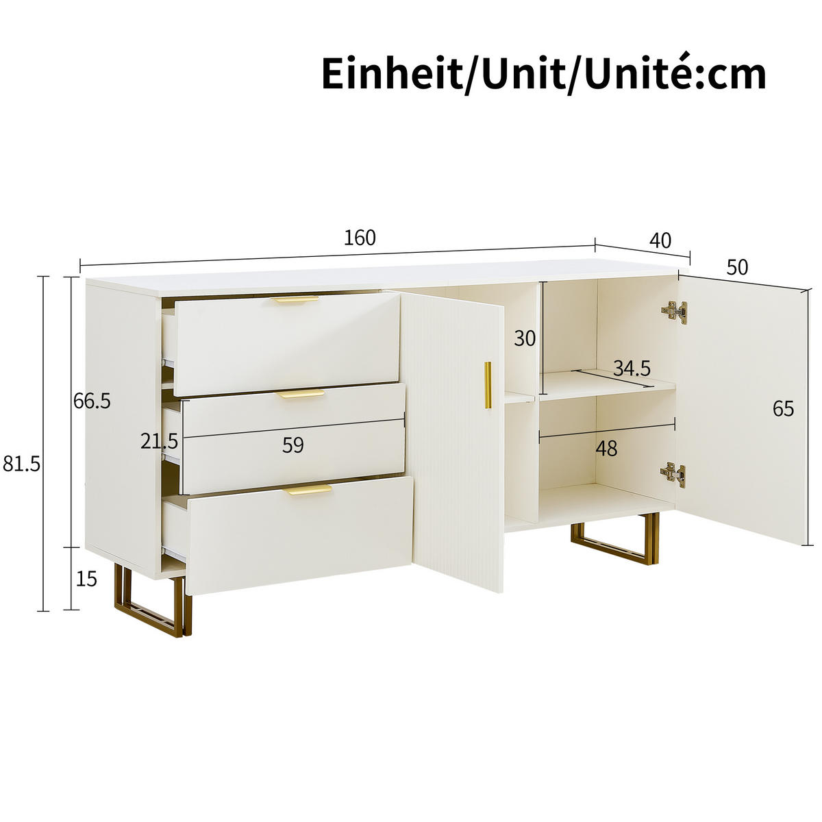 SIDEBOARD Elegante Kommode mit 2 Türen & 3 Schubladen Weiß - Weiß, Holzwerkstoff (160/81.5/40cm) - Urban Meuble