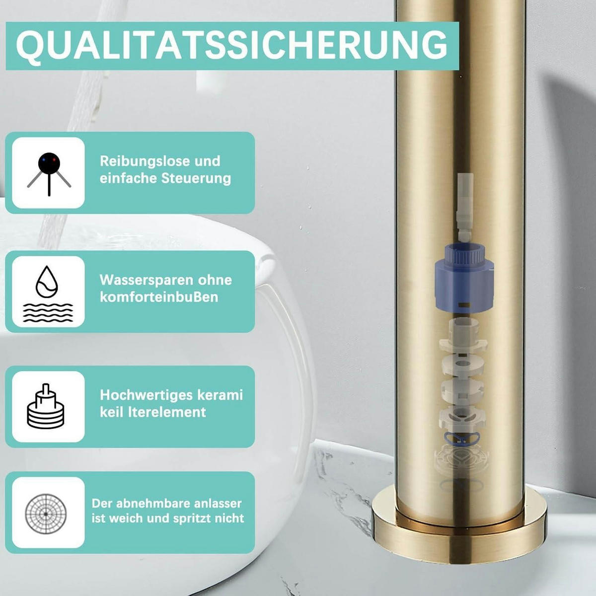 WASCHTISCHARMATUR mit hohem Auslauf Messing Gold Einhebelmischer - Goldfarben, Metall (9.6/21/30.7cm)