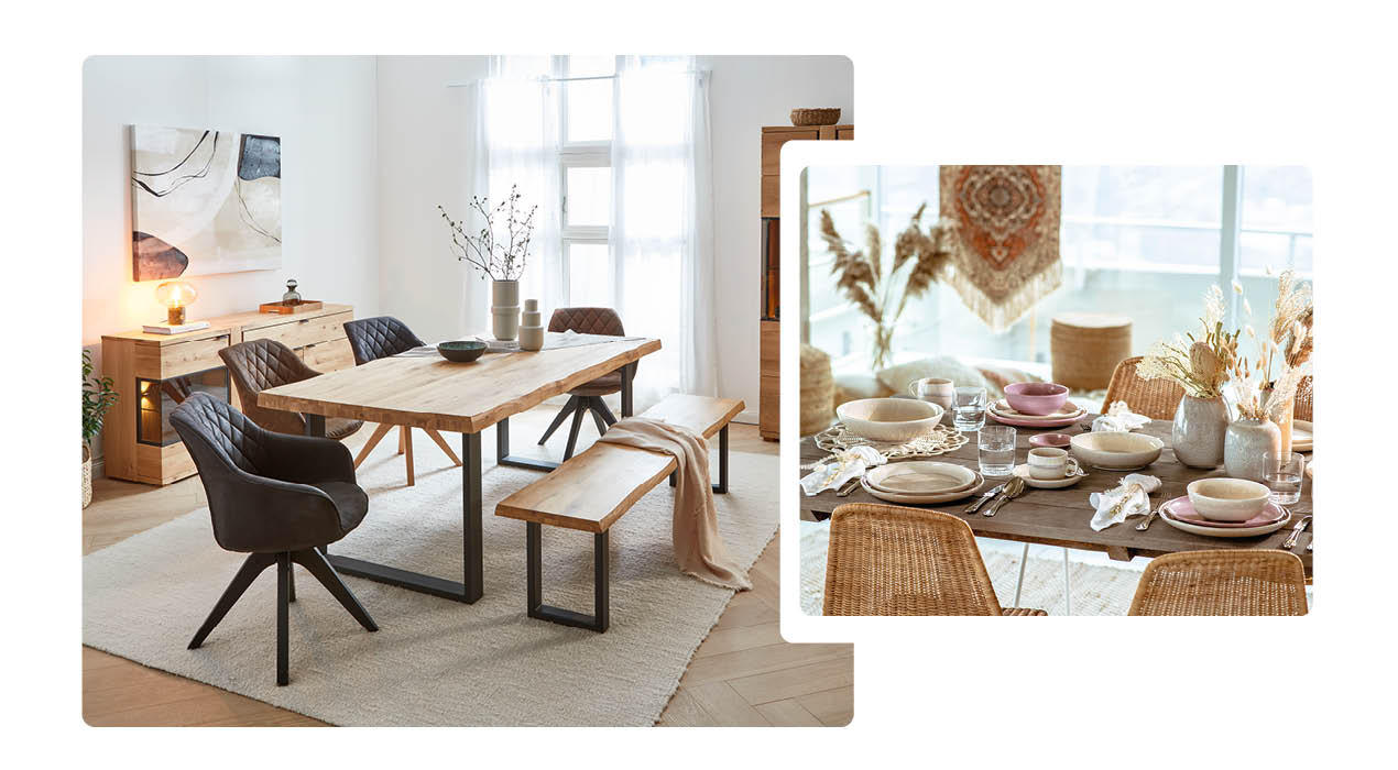 Esszimmer mit Holztisch, zwei schwarzen Stühlen, einer Bank und Dekoration auf dem Tisch sowie gedeckter Esstisch mit Geschirr und Körben im Hintergrund