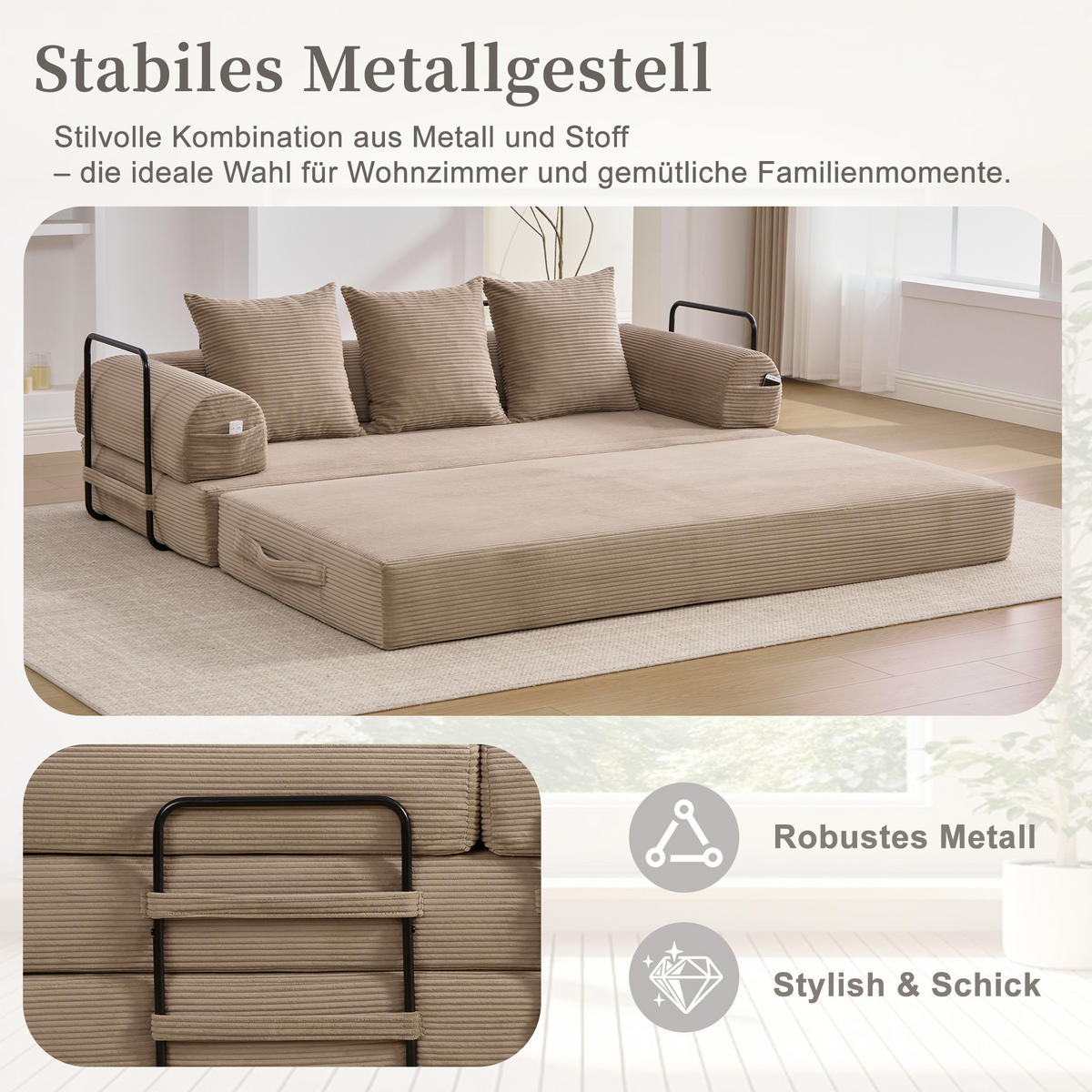SCHLAFSOFA, Modulares Tagesbett mit Metallgestell, Klappbares Bodensofa Cordstoff, Khaki - Braun, Textil (94/67/200cm) - LVHOM