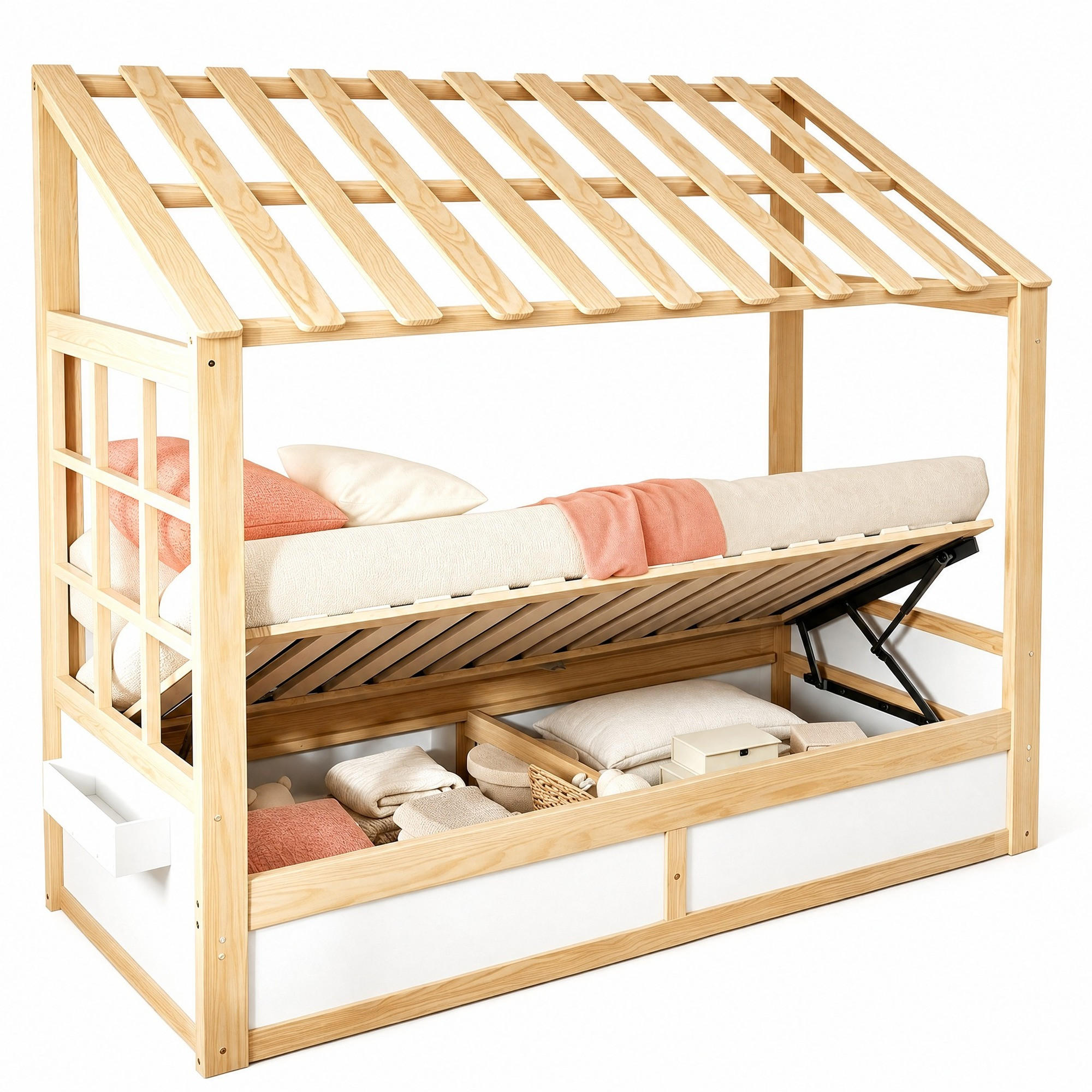 KINDERBETT 90/200 mit Dach,hydraulischem Bettkasten und Staufächern - Weiß, Holzwerkstoff (90/200cm) - EVRYAE