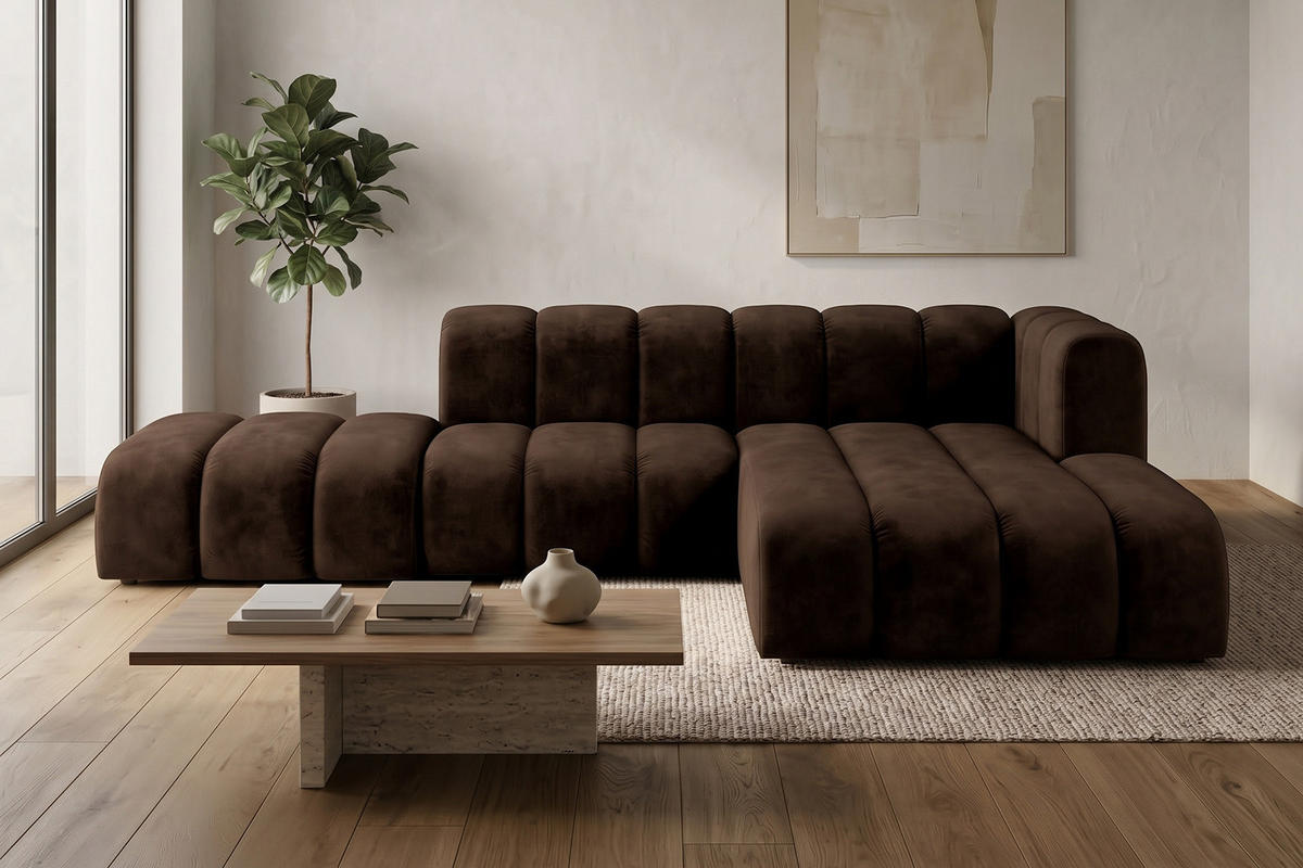 ECKSOFA Modulares In L-Form Mit Hocker, Velvet-Stoff Riviera, Schokolade, Rechts, GRAND Mini - Braun, Holz (295/179cm) - Kaiser Möbel
