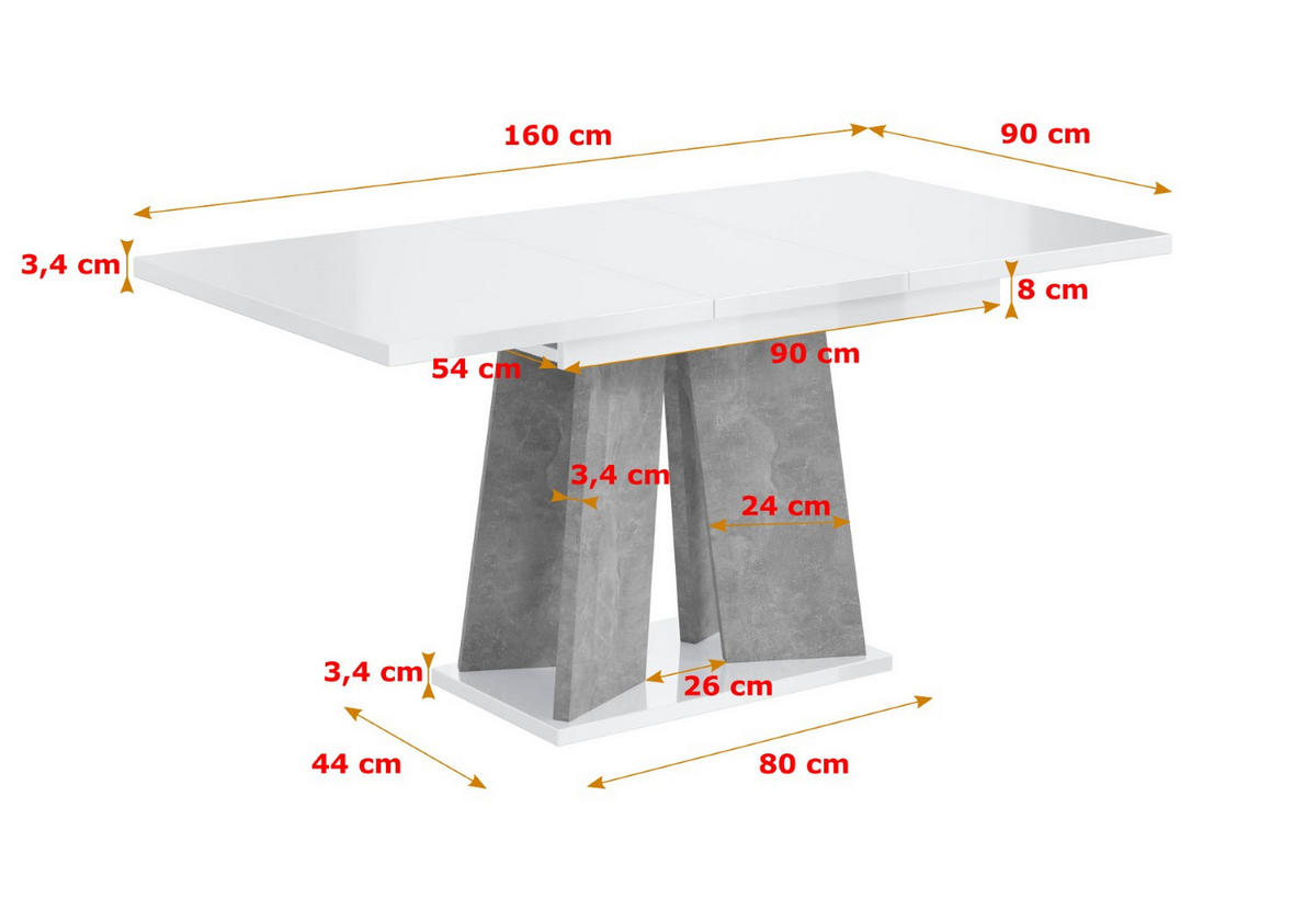 ESSTISCH ausziehbar 120 -160x90x75 cm - Hochglanz Weiß/Betonoptik - UFOM - Weiß Hochglanz, Holzwerkstoff (120/90/75cm) - ALTDECOR