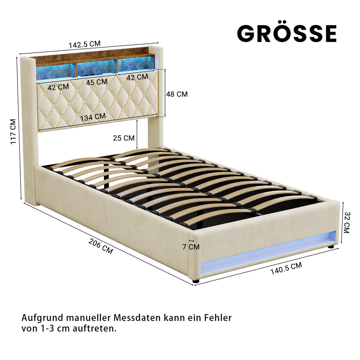 POLSTERBETT 140/190 cm Beige mit Stauraum-Kopfteil und LED-Lichtleiste - Beige, Textil (140/190cm) - OKWISH