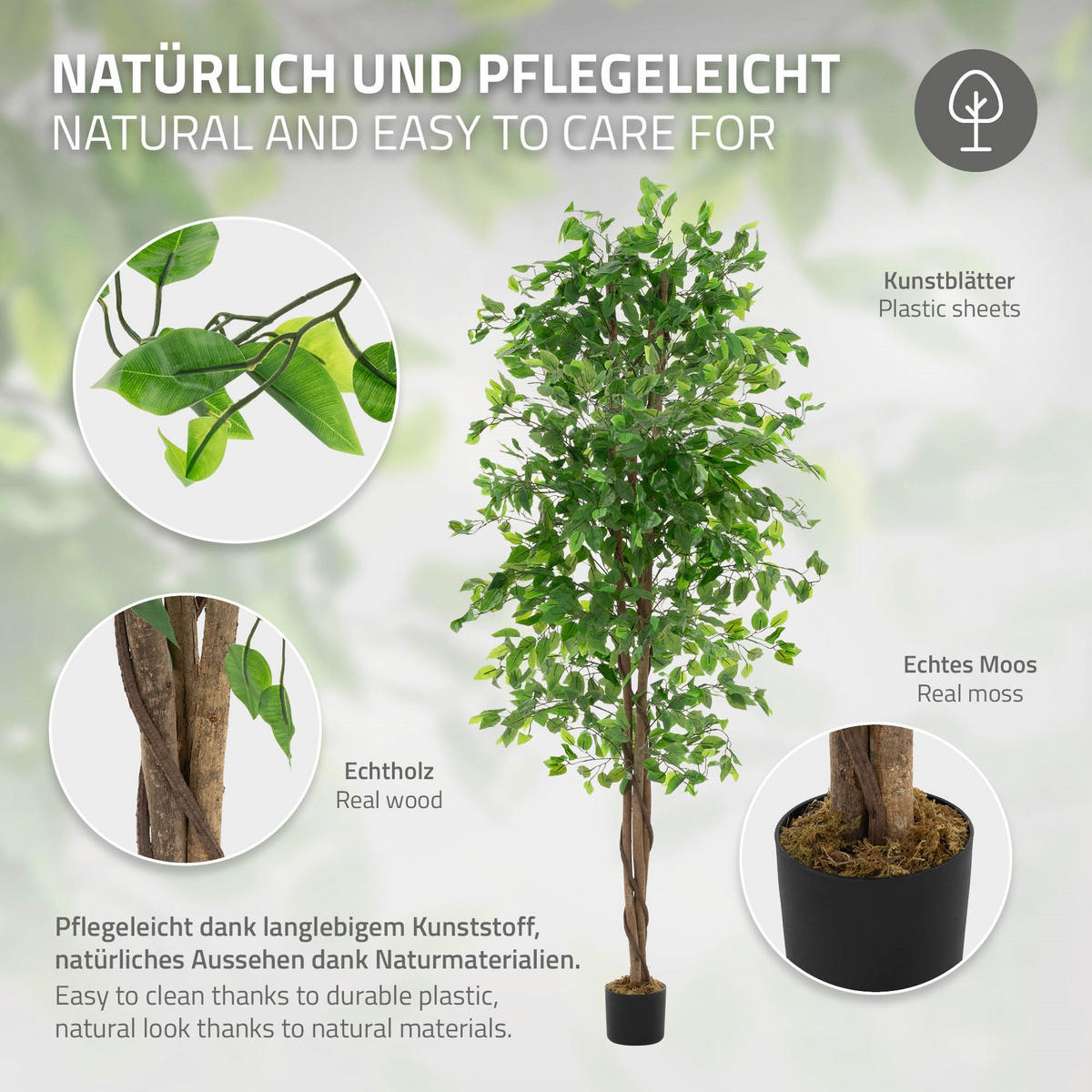 UMĚLÁ ROSTLINA Ficus 210 cm s kmenem z přírodního dřeva pro vnitřní i venkovní použití - černá/zelená barva, textil/plast (210cm) - ML-DESIGN