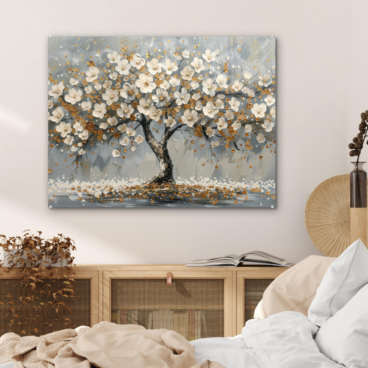 ACRYLGLASBILD Baum - Blumen - Weiß - Natur - Kunst 80x60 cm - Weiß, Glas (80/60cm) - MuchoWow