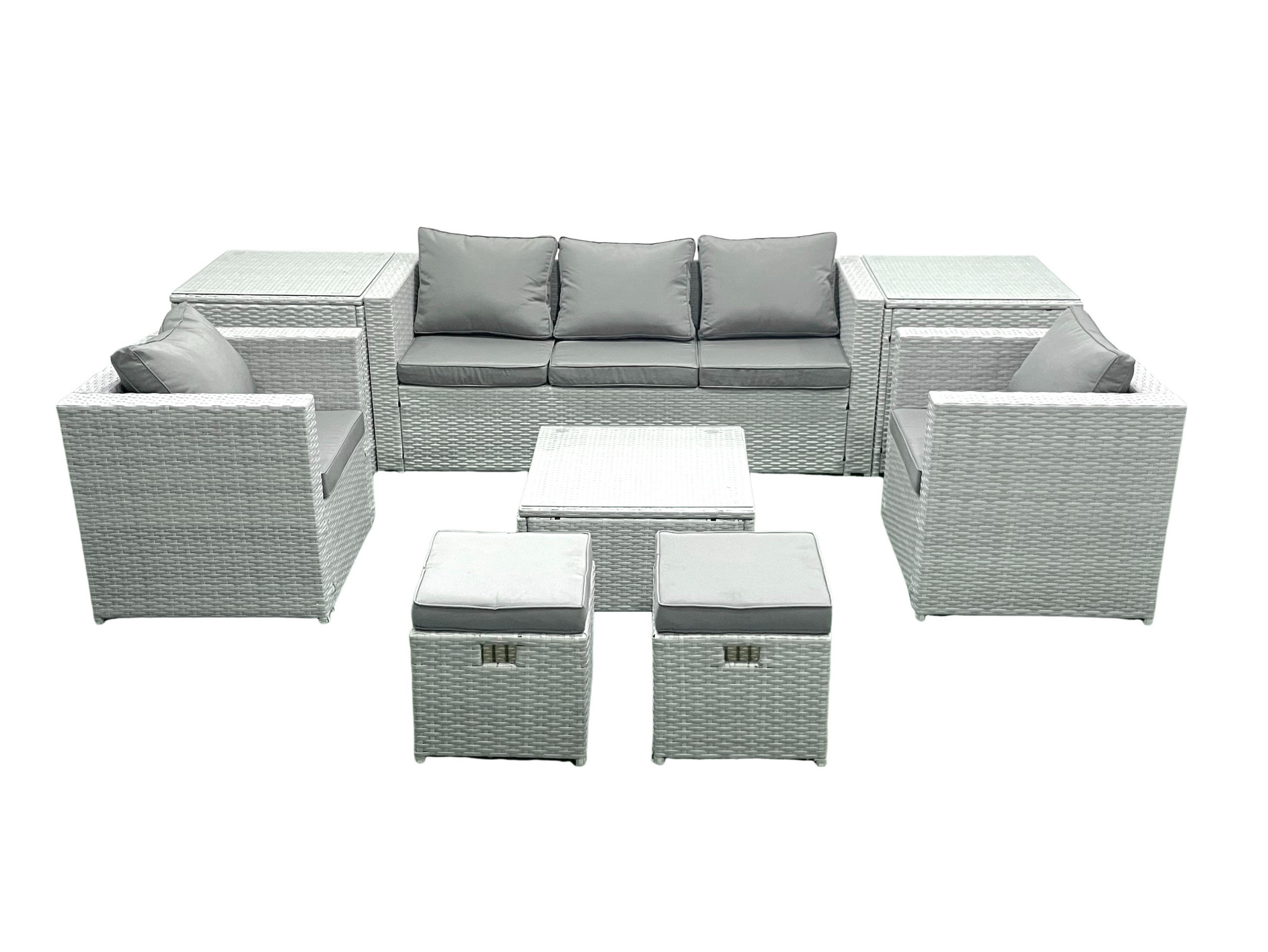 GARTENMÖBEL-SET mit Kissen Polyrattan Hellgrau-Mix 7-Sitzer - Hellgrau/Grau, Glas/Kunststoff - Fimous