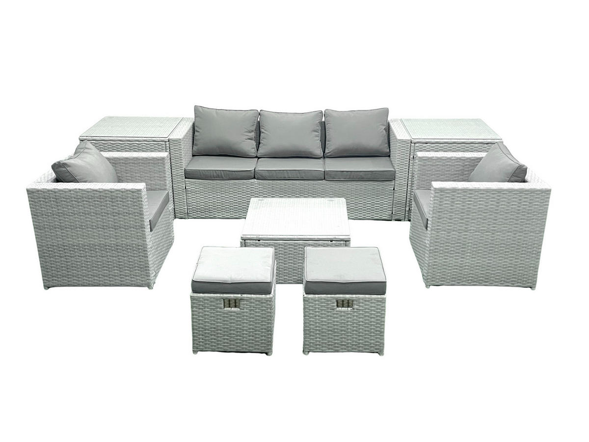 GARTENMÖBEL-SET mit Kissen Polyrattan Hellgrau-Mix 7-Sitzer - Hellgrau/Grau, Glas/Kunststoff - Fimous