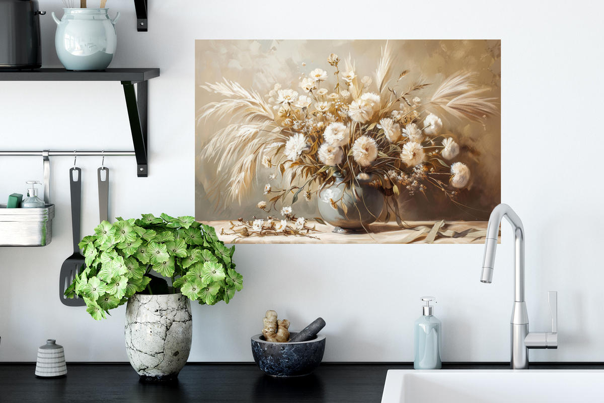 WANDTATTOO Blumen - Vase - Stilleben - Beige 60x40 cm - Creme, Kunststoff (60/40/0.1cm) - MuchoWow