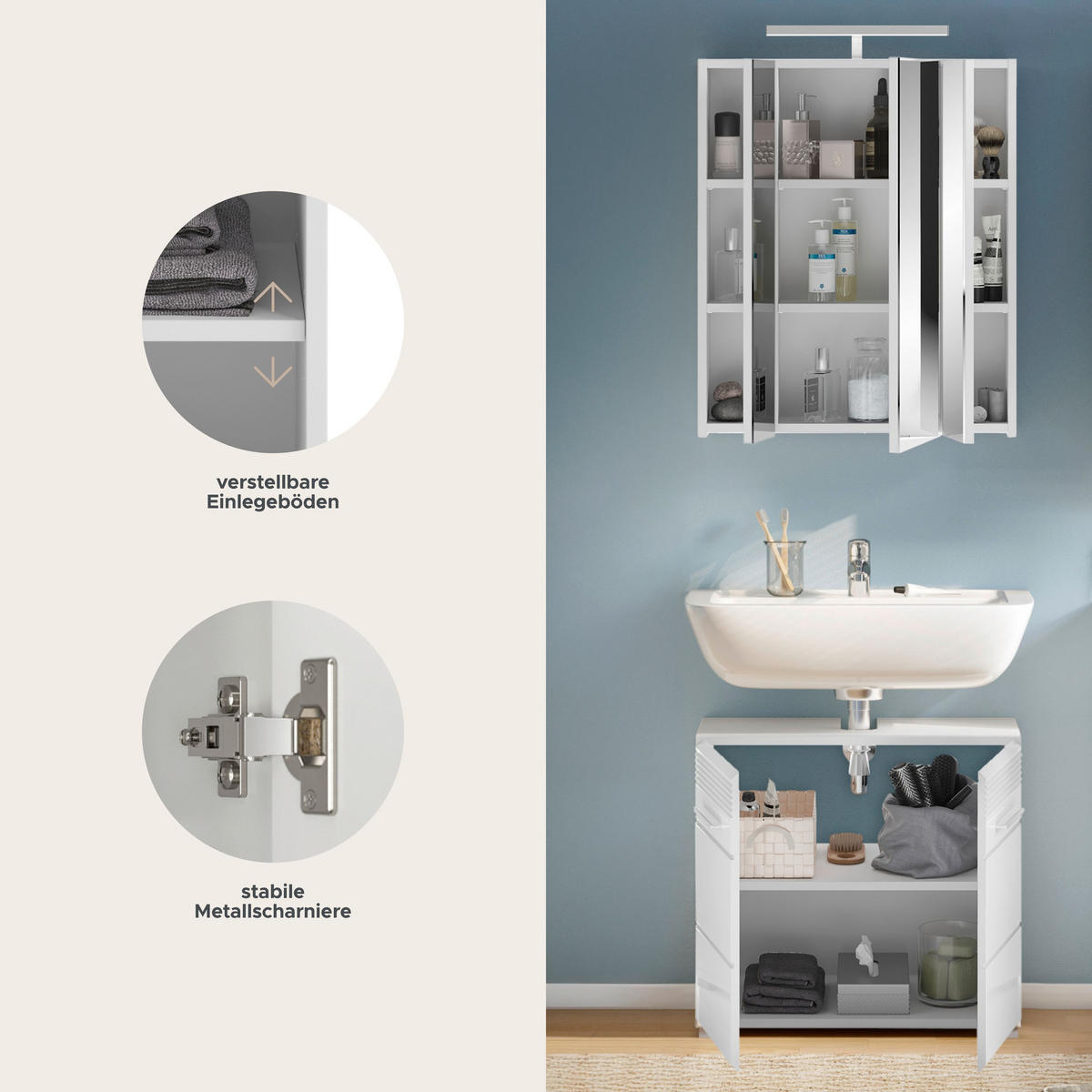 BADMÖBEL Set Linus 2tlg. Bad Kombination inkl. Beleuchtung (B/H/T: 60x182x34 cm) - Weiß, Holz (60/182/34cm)