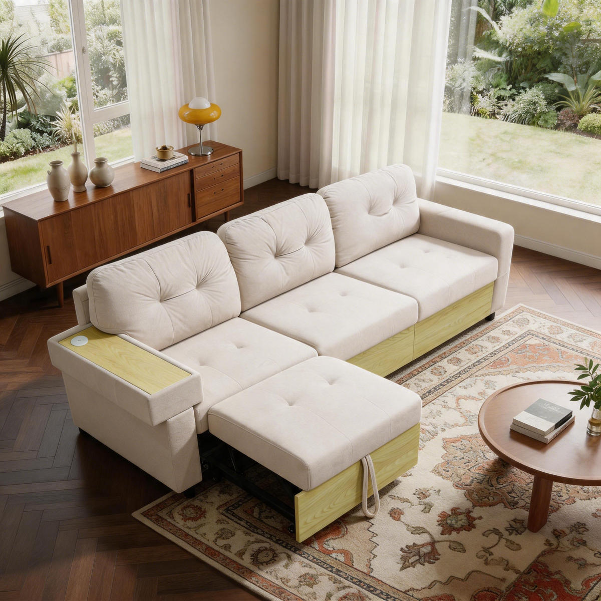 ECKSOFA 228/115/78 cm Beige mit Ausziehbarer Fußhocker, USB-Anschluss und Aufbewahrungstasche - Beige, Textil (228/80cm) - Oxeza