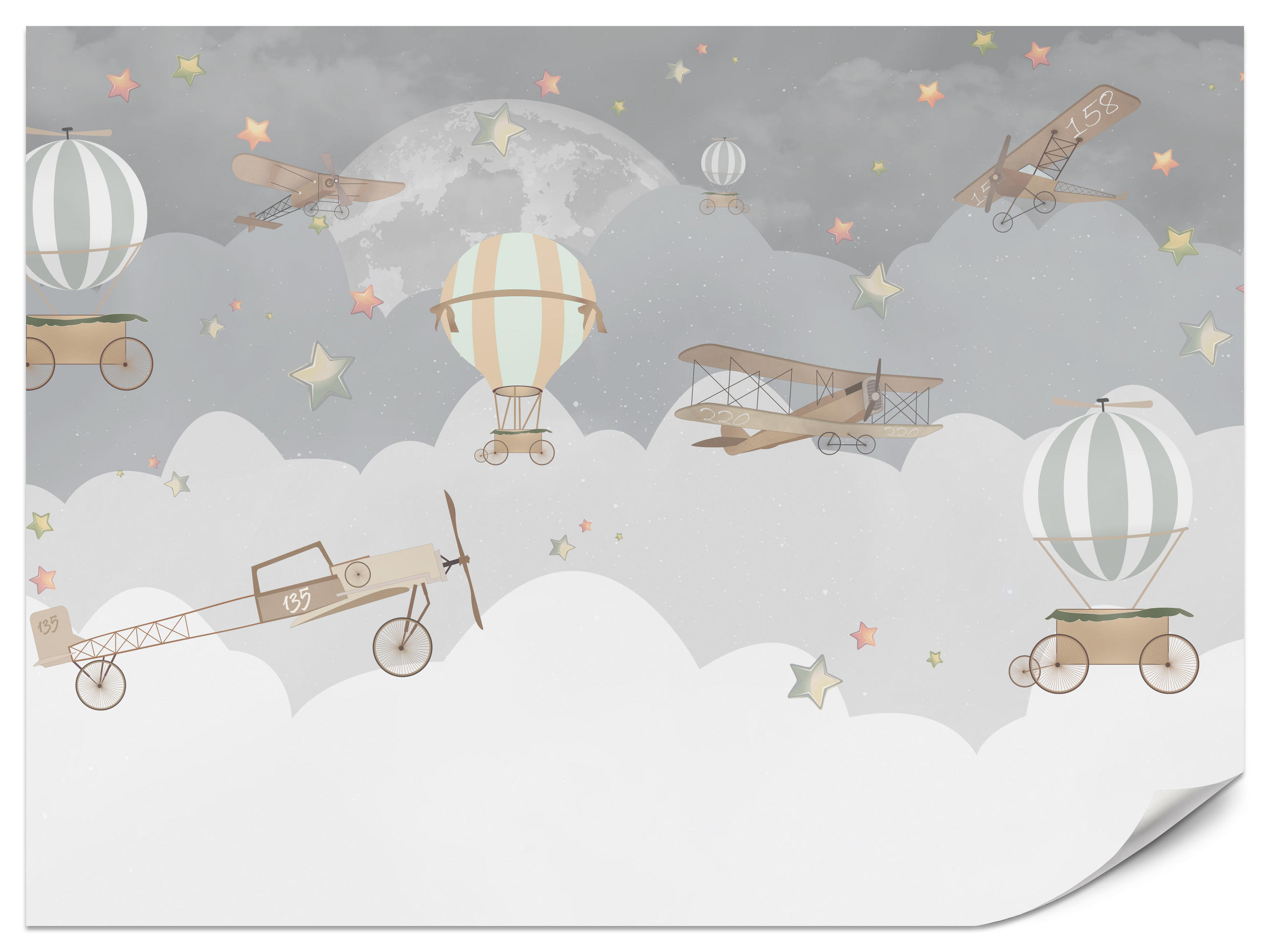 FOTOTAPETE für Kinderzimmer Ballons Wolken Flugzeug Himmel Sterne 250x175 - Multicolor, Papier (250/175cm) - Muralo
