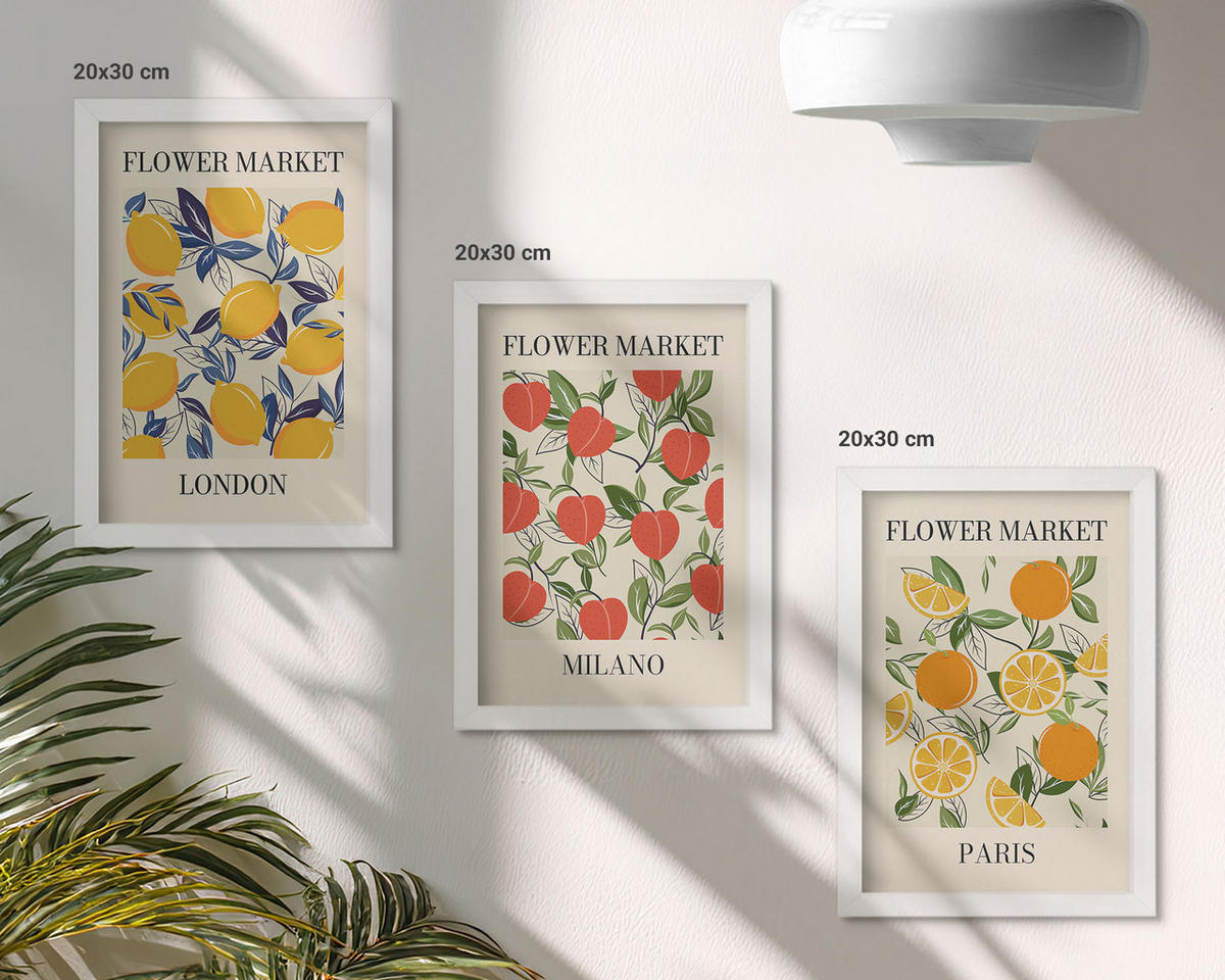 BILDER SET 3er Set - 20x30 cm Weißer Rahmen - Blumenplakate in Städten - Weiß, Kunststoff (20/30cm) - TULUP