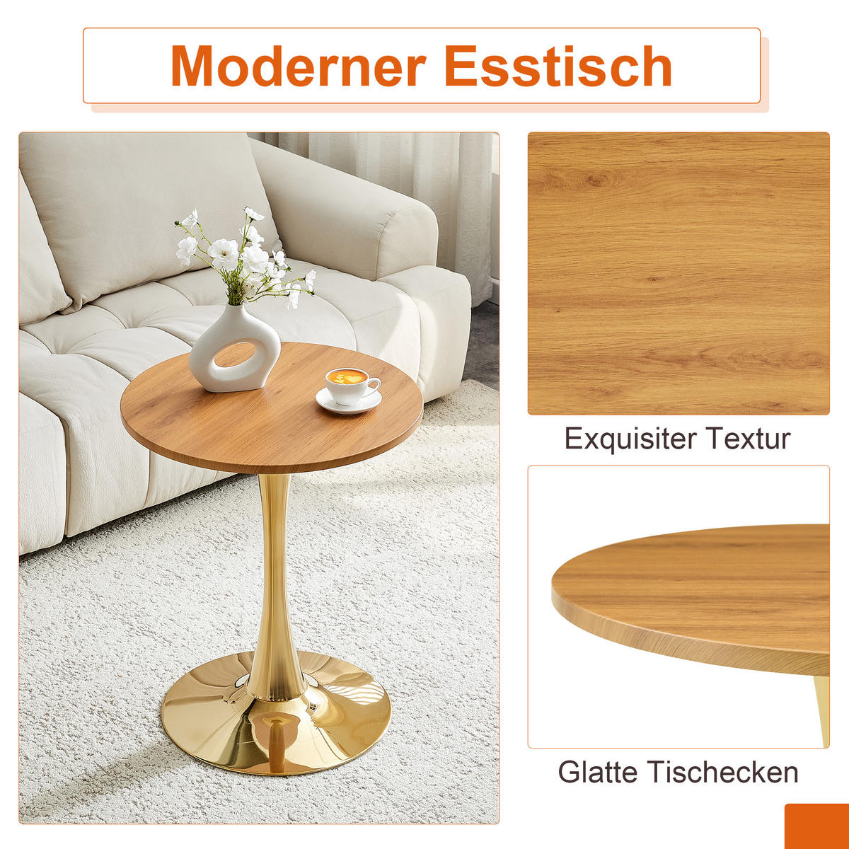ESSTISCH kleiner runder 60/60/72 cm Holzton mit goldenen Metallbeinen - Naturfarben, Holz (60/60/72cm) - Oxeza