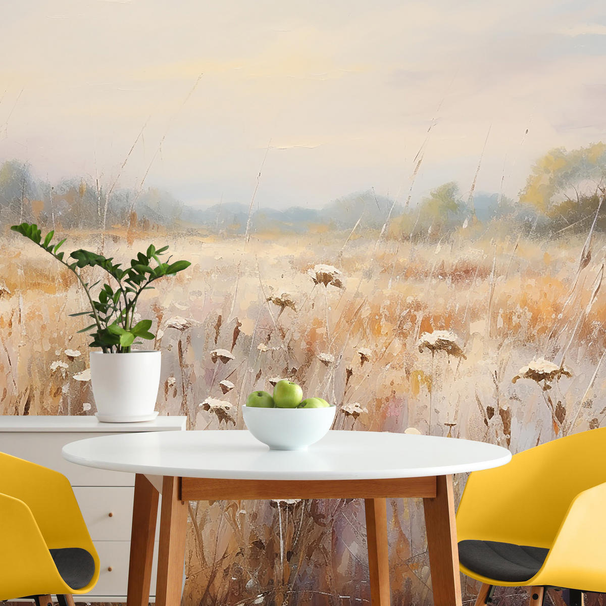 FOTOTAPETE für Esszimmer Wiese Pflanzen Retro Stil 150x105 - Gelb/Beige, Papier (150/105cm) - Muralo