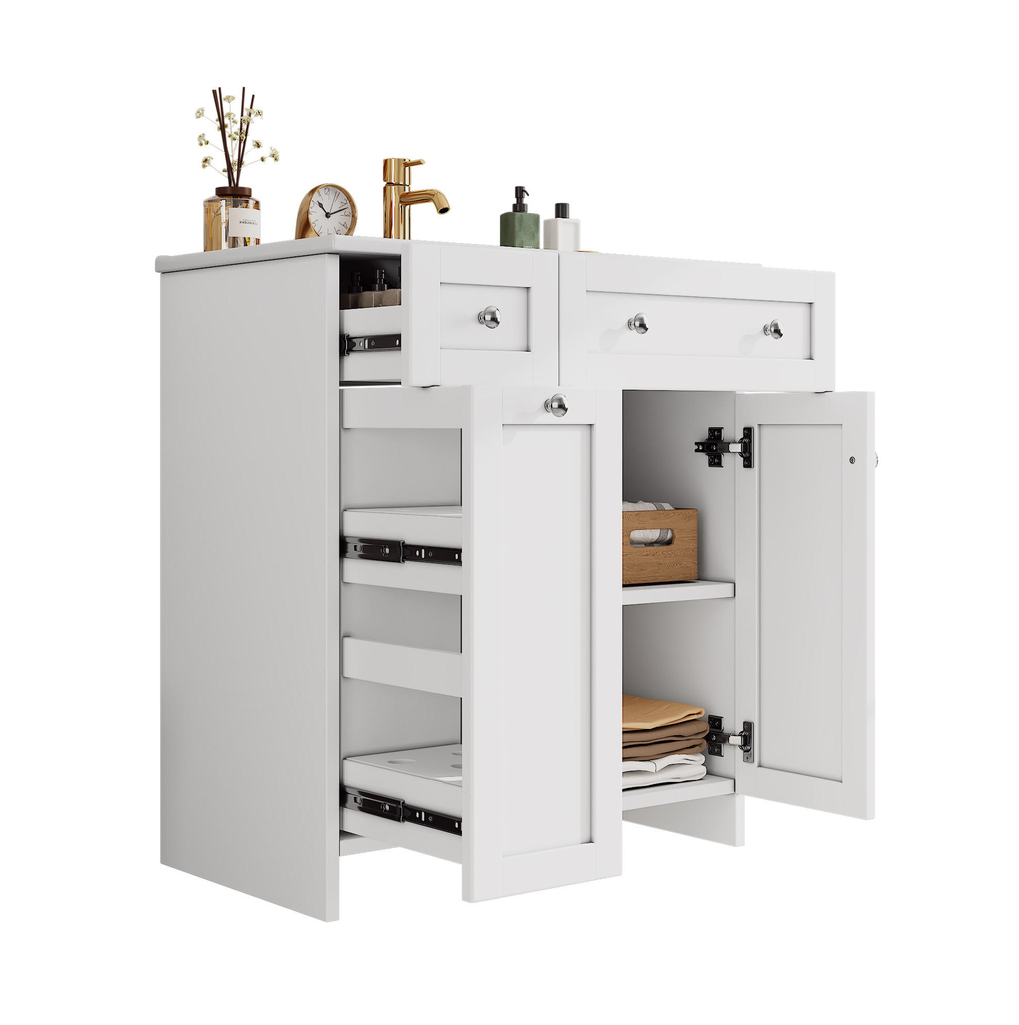WASCHTISCH Keramik & MDF 76x47x86 cm Weiß freistehend mit Stauraum und Soft-Close - Weiß, Keramik (76/86/47cm) - Modfu