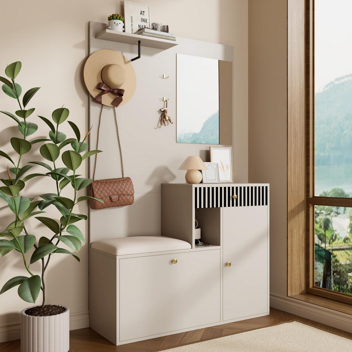 SCHUHSCHRANK aus MDF 110x185,5x37cm in Beige mit Spiegel - Beige, Holzwerkstoff (110/185.5/37cm) - Modfu