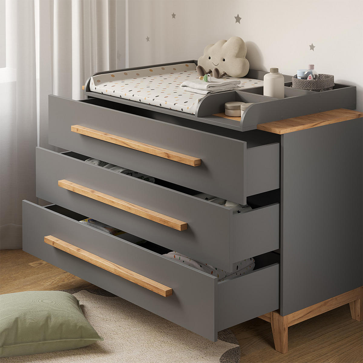 WICKELKOMMODE Malia Grau/Artisan 133.2 x 98 cm mit 3 Schubladen - Hellgrau/Grau, Holzwerkstoff (133.2/98/70cm) - VitaliSpa