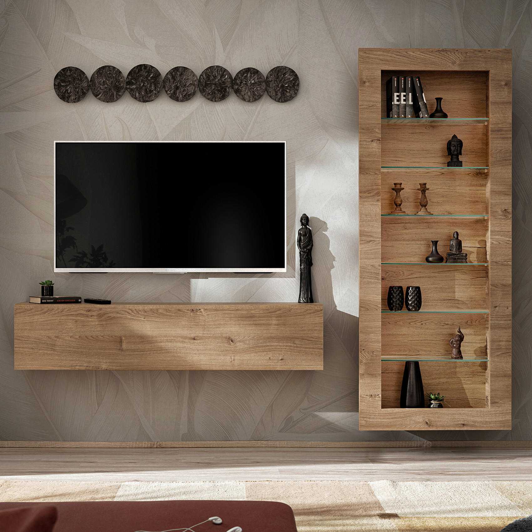 WOHNWAND COMO, hängevitrine und hängeboard, sechs Glasböden, Honigeiche/Trüffeleichefarben - Honigeiche/Trüffeleichefarben, Glas/Holzwerkstoff (211/178/23cm) - Komodee