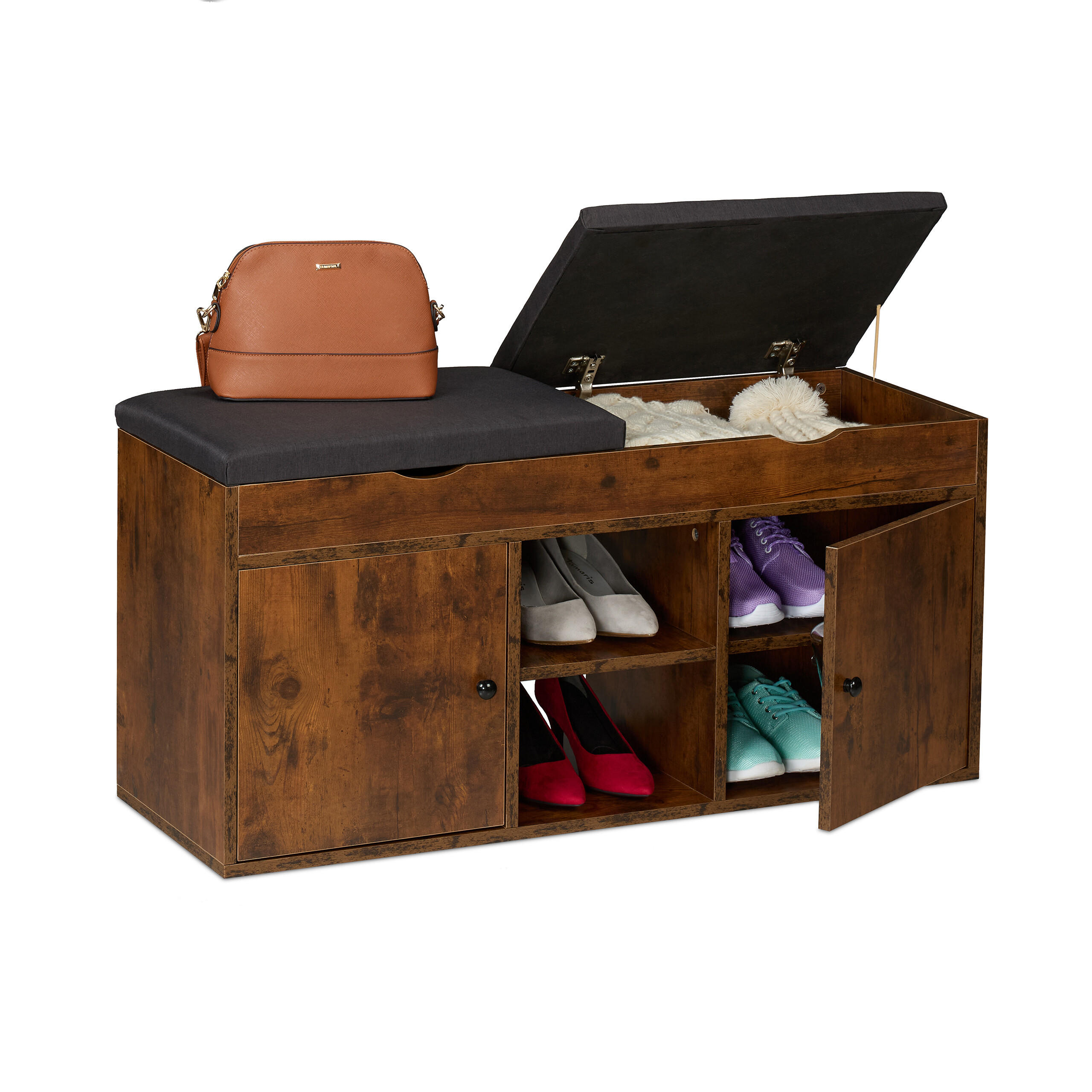 SCHUHBANK - Schwarz/Braun, Holzwerkstoff/Textil (100/49.5/34cm) - Relaxdays