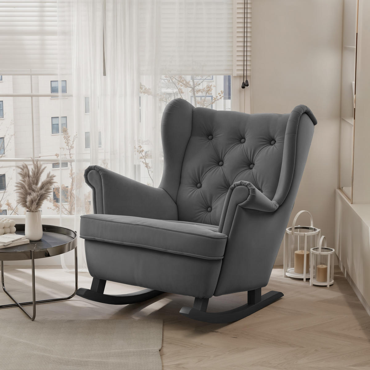 SCHAUKELSESSEL SCANDI Holzfüße, Samt Graphit - Dunkelgrau, Holz/Textil (75/97/60cm) - Idohome