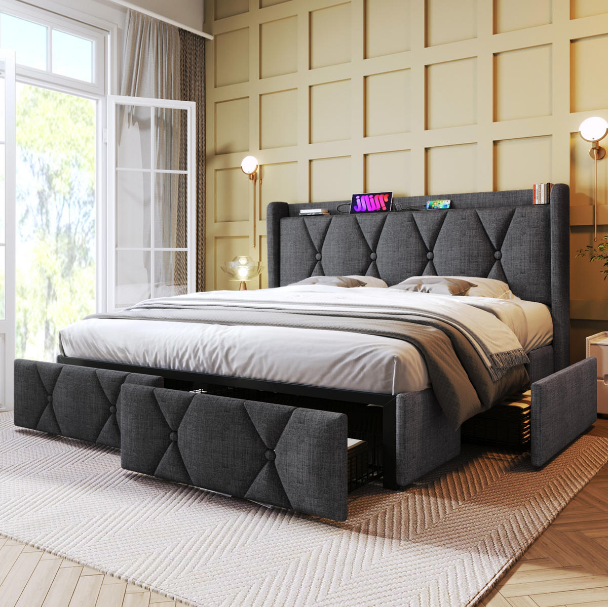 BETT mit USB und 4 Schubladen 140x200 cm Leinen Grau inkl. Matratze - Grau, Metall (140/200cm) - Meubliv