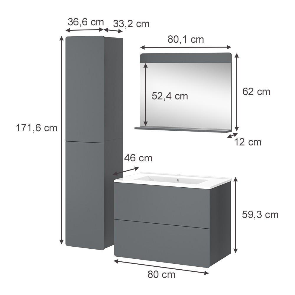 BADMÖBEL-SET Izan Grau 4 Teile mit Hochschrank - Grau, Holzwerkstoff (80/59.3/46cm) - Vicco