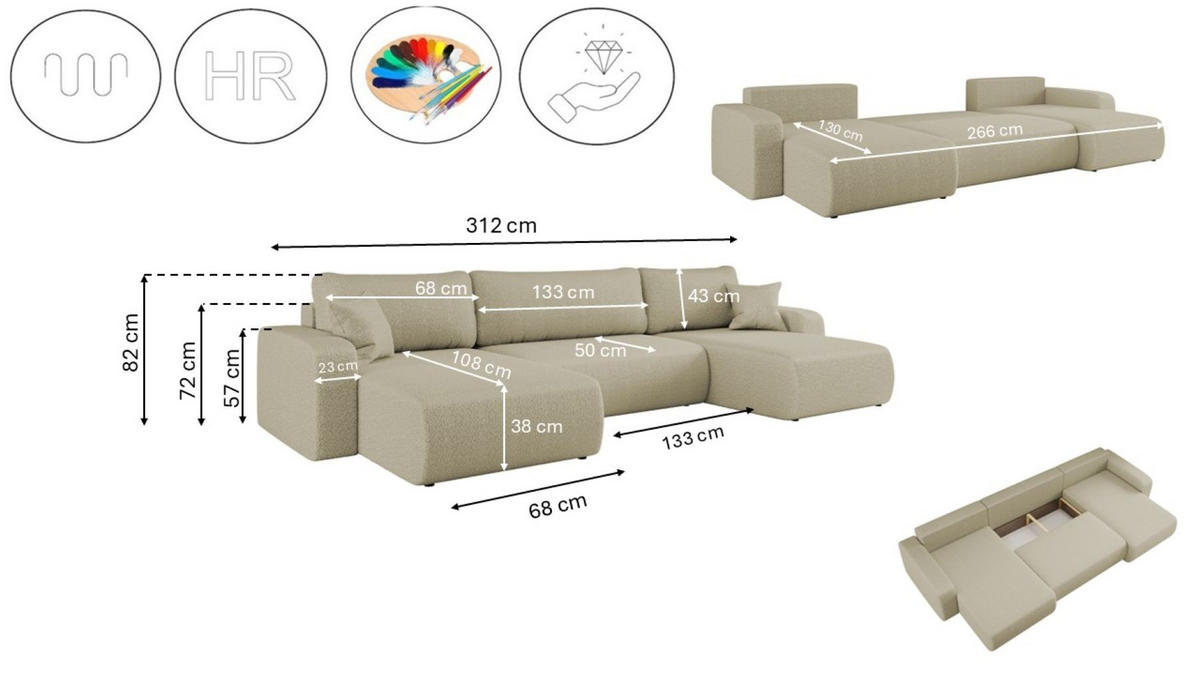 ECKSOFA U-Form Mit Schlaffunktion Und Bettkasten MILANO Stoff Beige - Beige, Holz/Textil (312/145cm) - Kaiser Möbel