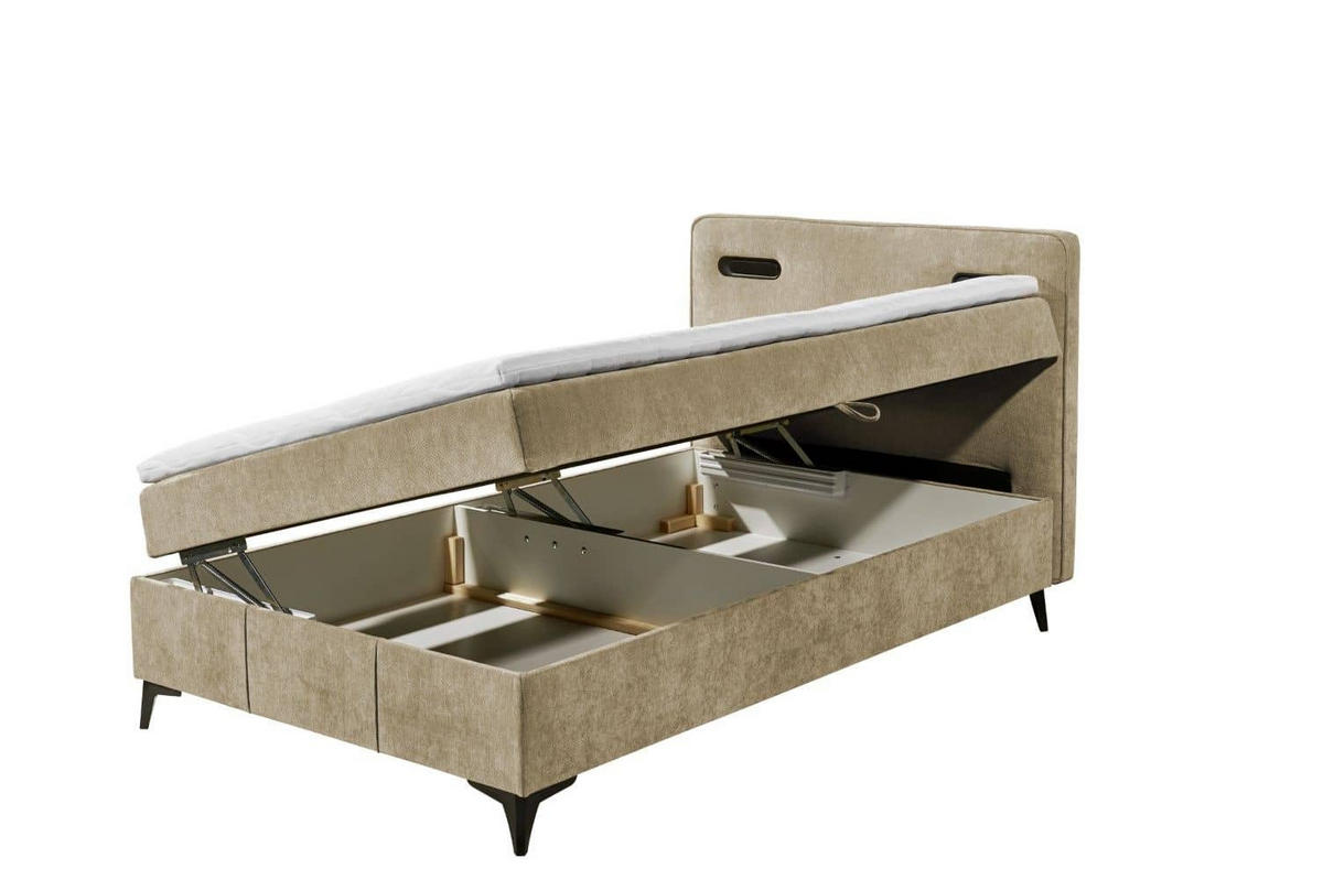 BOXBETT 120x200 inkl. Topper, Bettkasten und LED-Beleuchtung - Beige/Schwarz, Holz/Holzwerkstoff (120/200cm) - ed exciting design